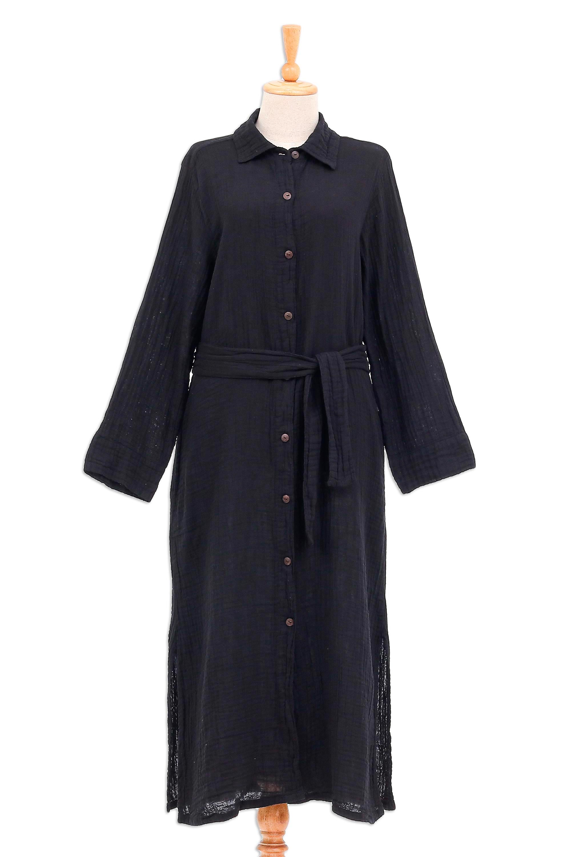 Premium Black Cotton Shirtwaist Dress with Belt - Handcrafted in Thailand