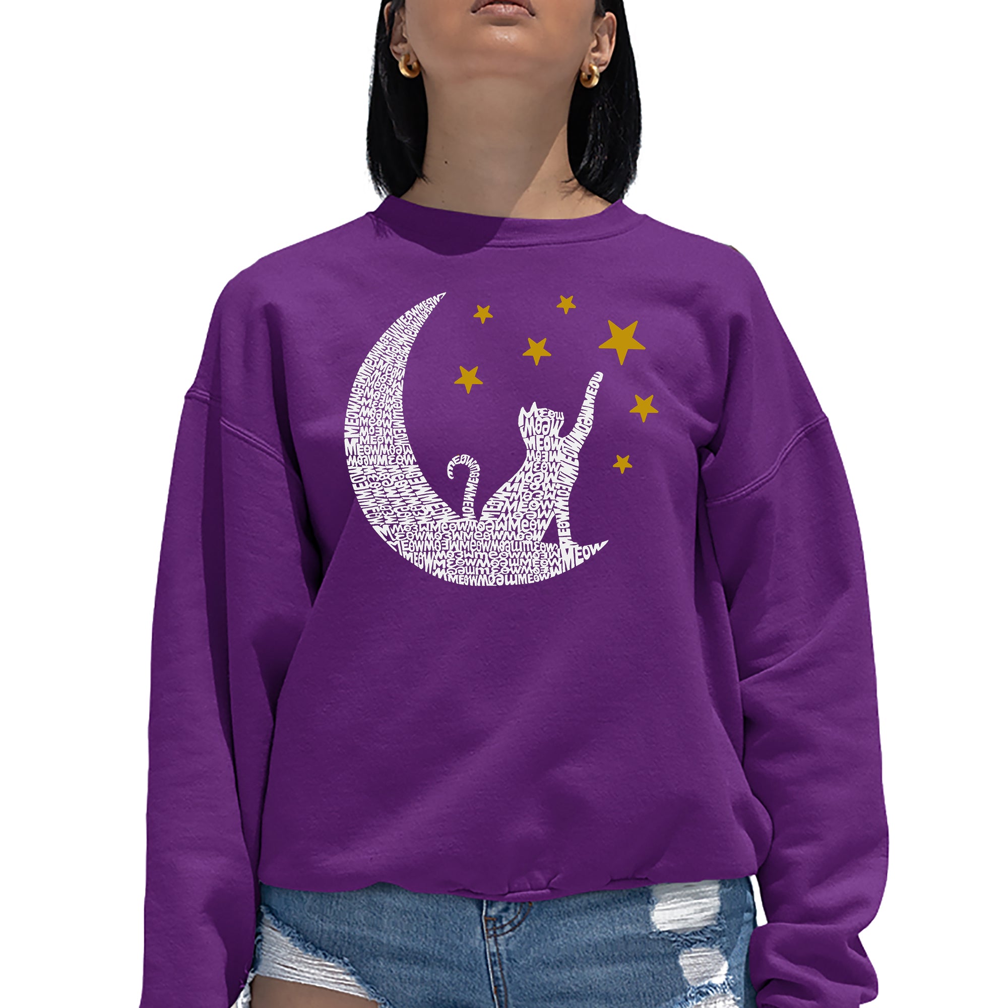 Premium Cat Moon Women's Word Art Crewneck Sweatshirt - Ultimate Comfort & Style