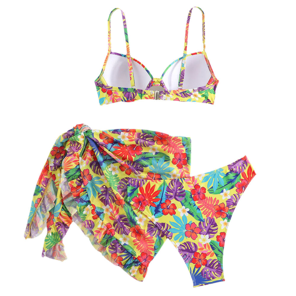 Premium Tropical Floral Push-Up Bikini Set with Wrap Cover-Up