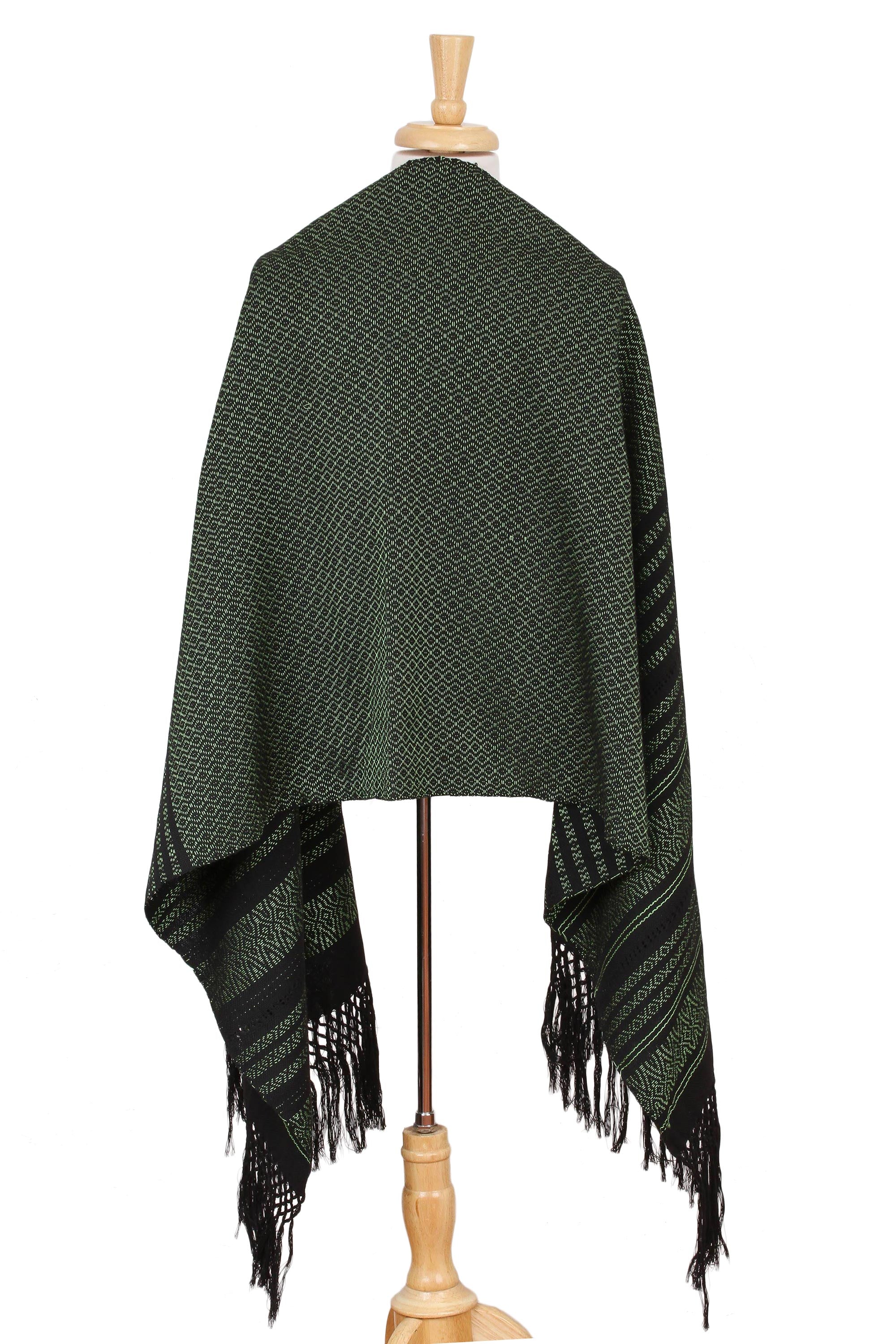 Premium Handwoven Mexican Rebozo Shawl - Evening Drama Green on Black