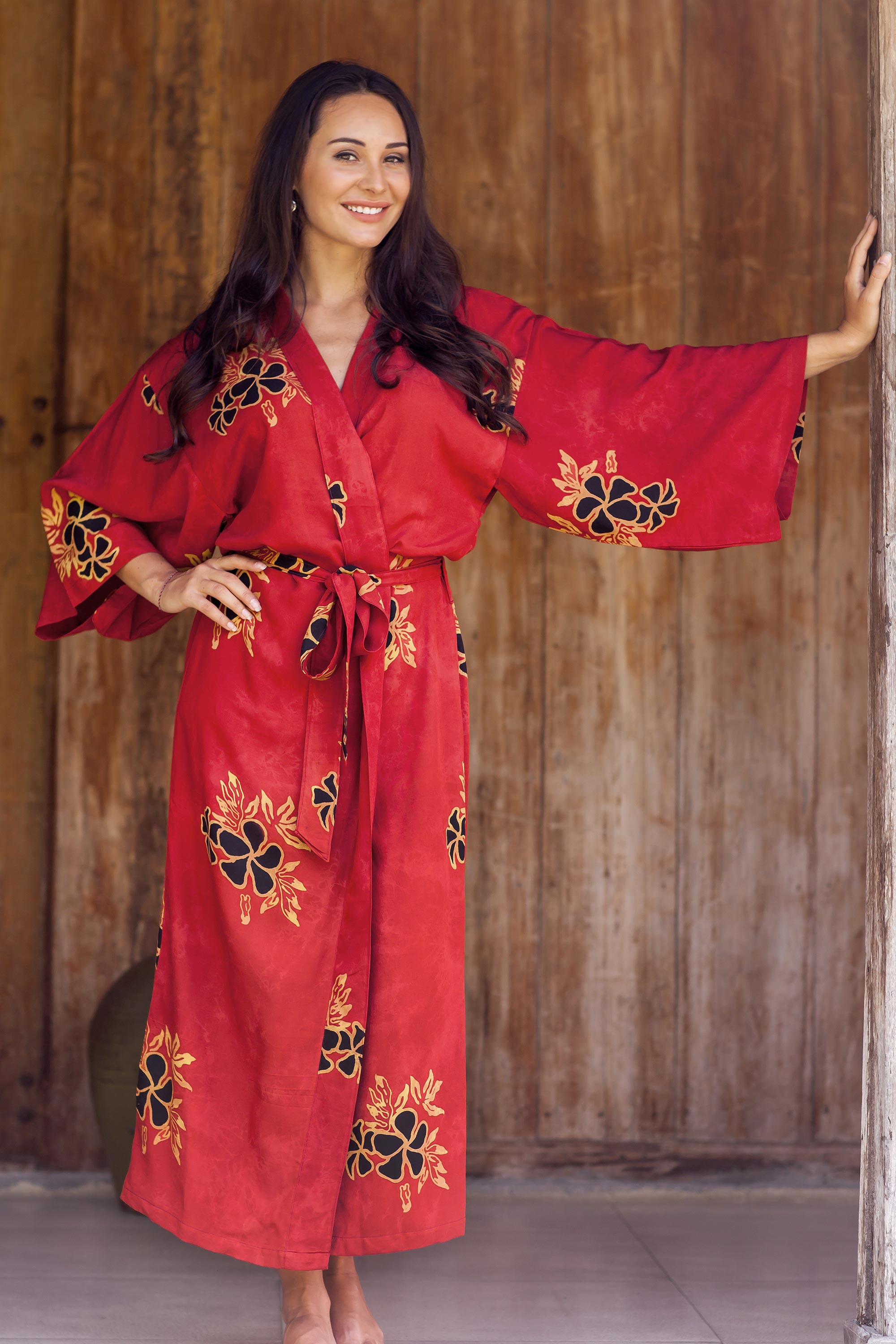 Premium Handcrafted Hibiscus Batik Robe - Indonesian Artistry