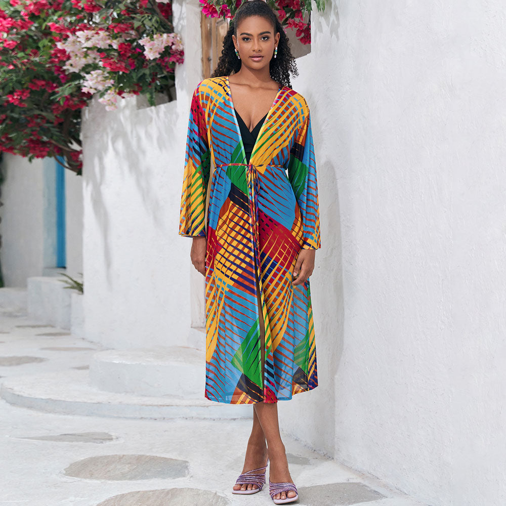 Premium Brazilian Beach Cover Up with Colorful Prints & Belted Design