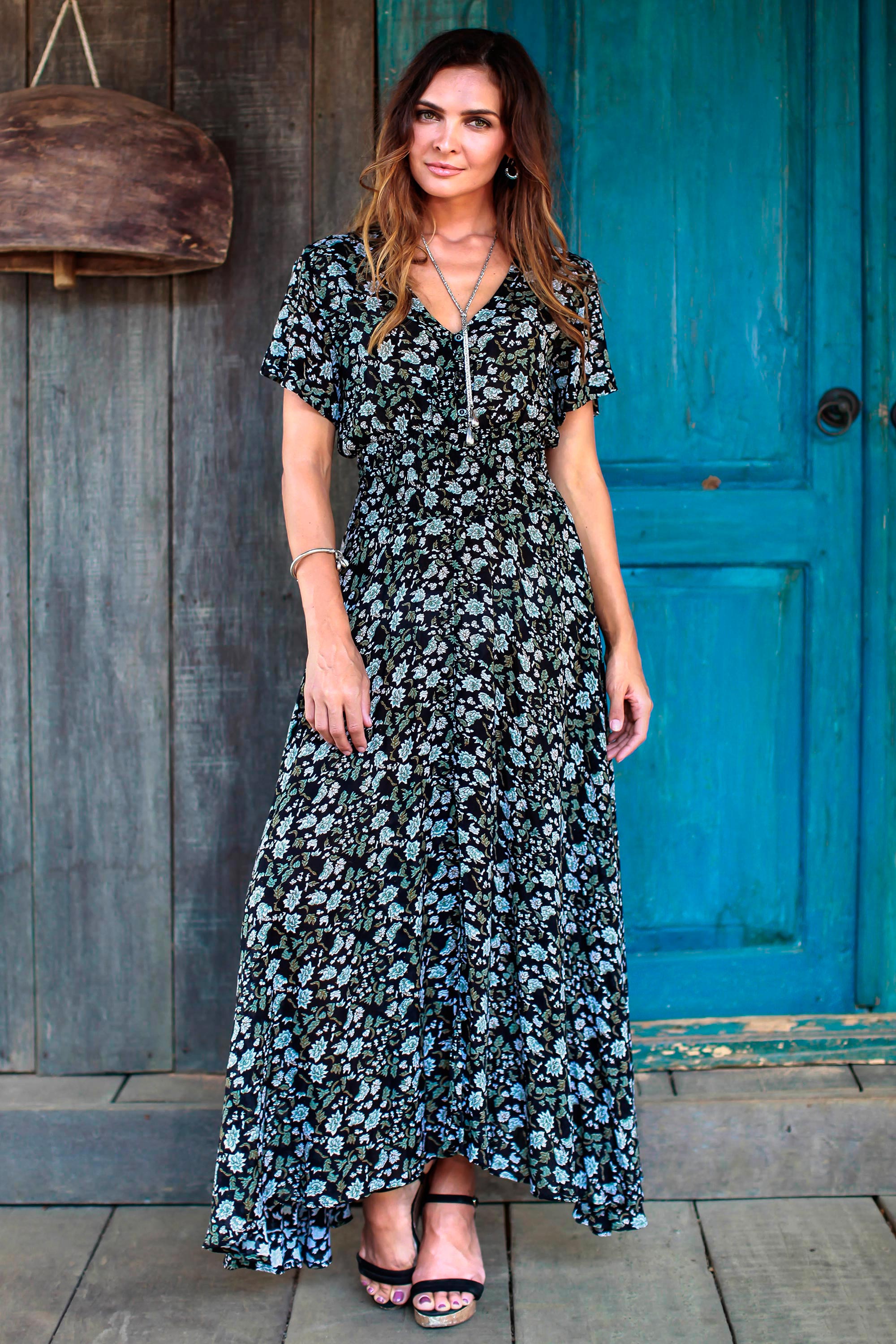 Premium Bali Garden Rayon Dress - White & Olive Floral on Black