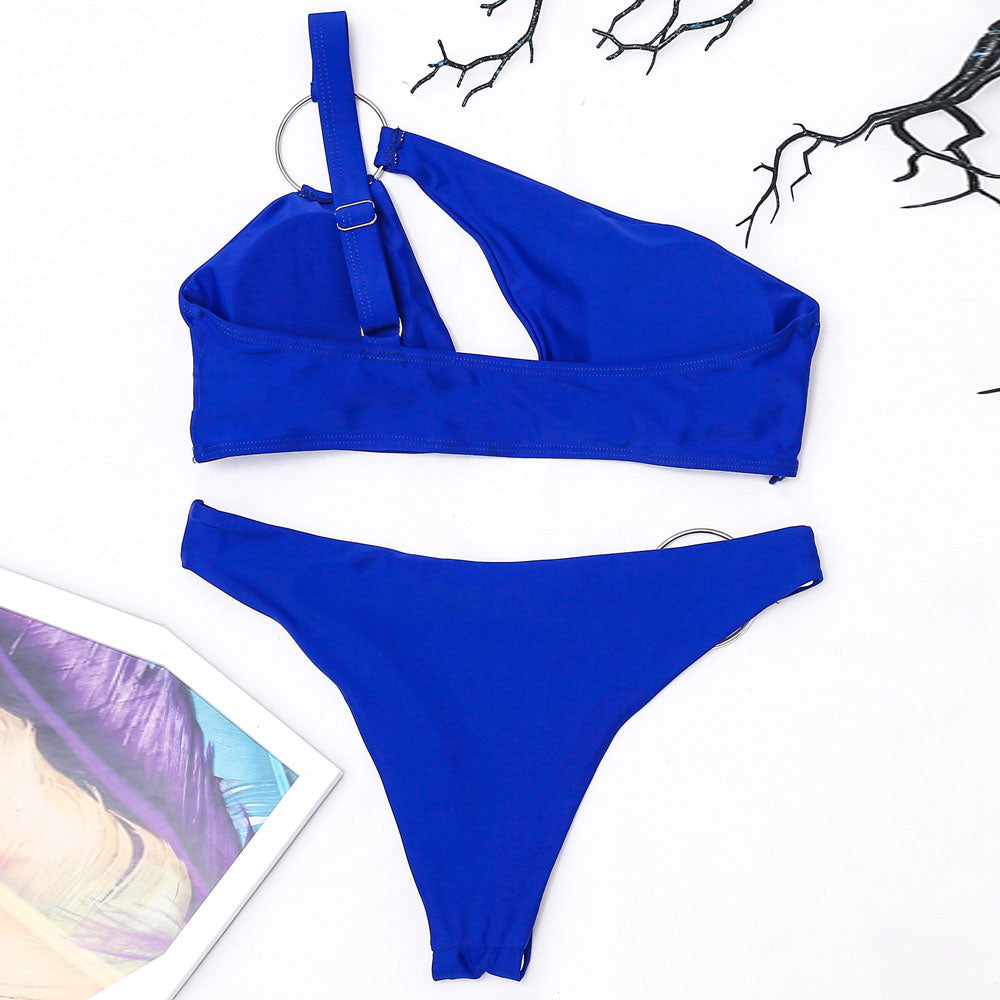 Premium One-Shoulder Cutout Brazilian Bikini Set - Royal Blue