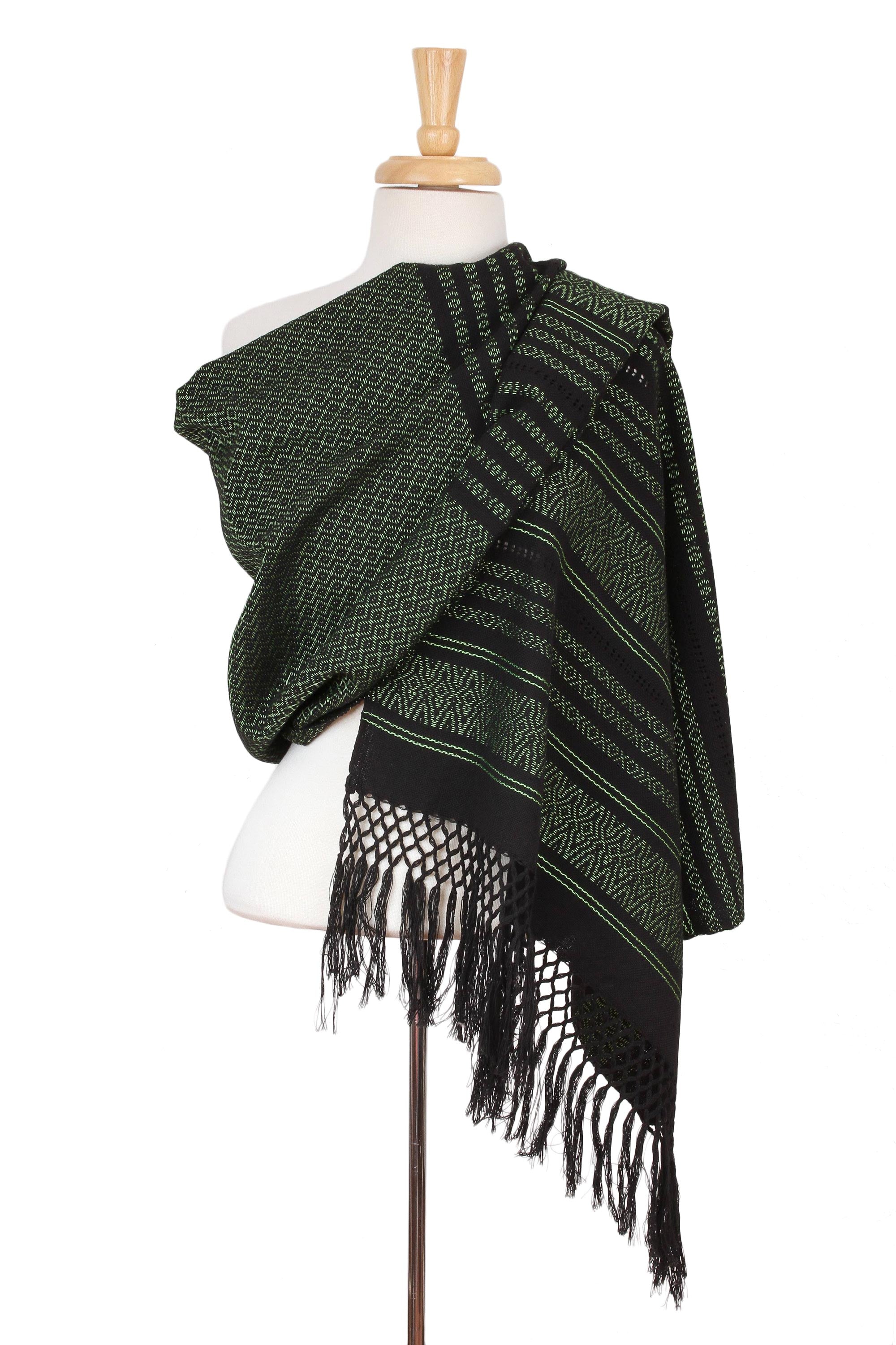 Premium Handwoven Mexican Rebozo Shawl - Evening Drama Green on Black