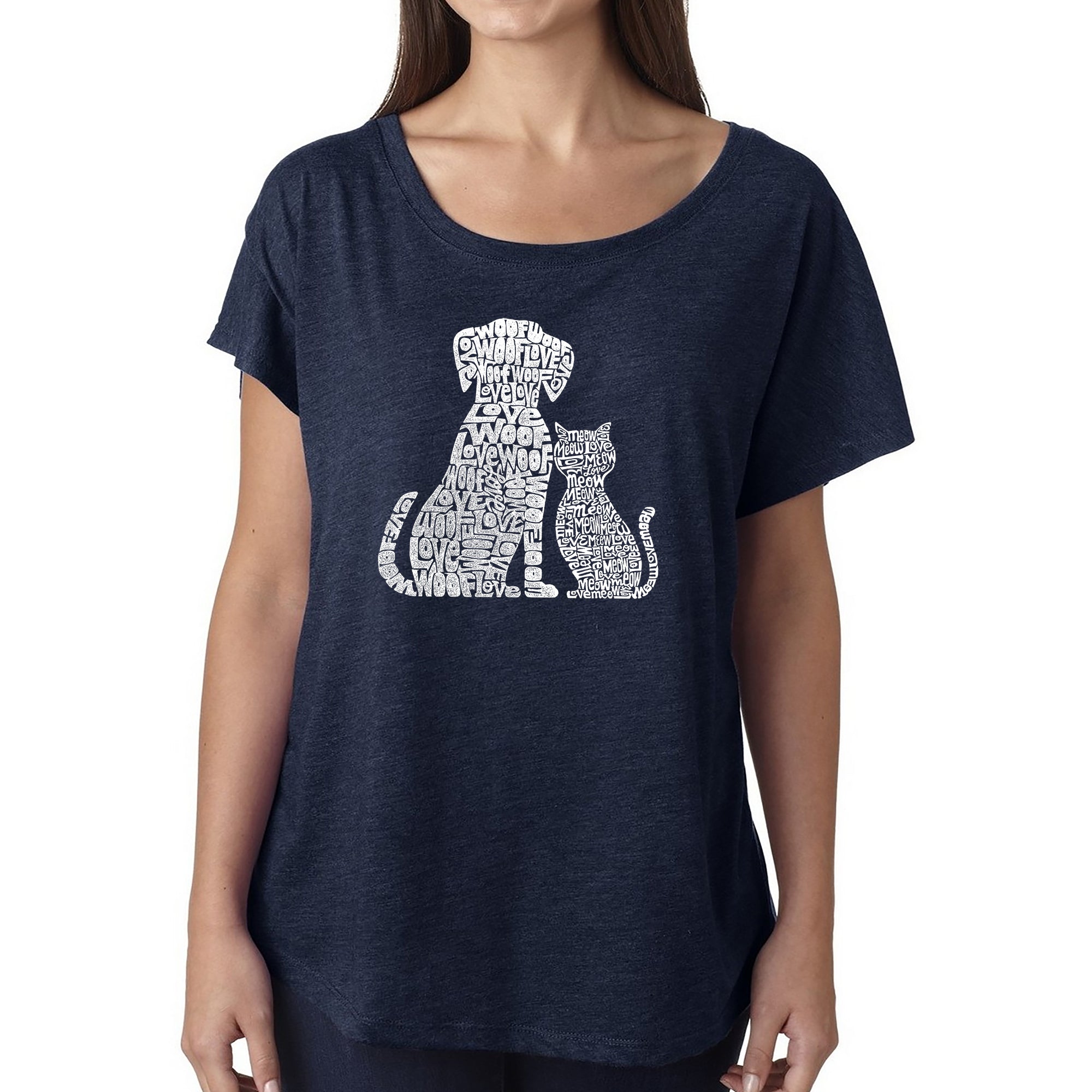 Premium Women's Loose Fit Dolman Cut Word Art Shirt - Dogs and Cats Love Design