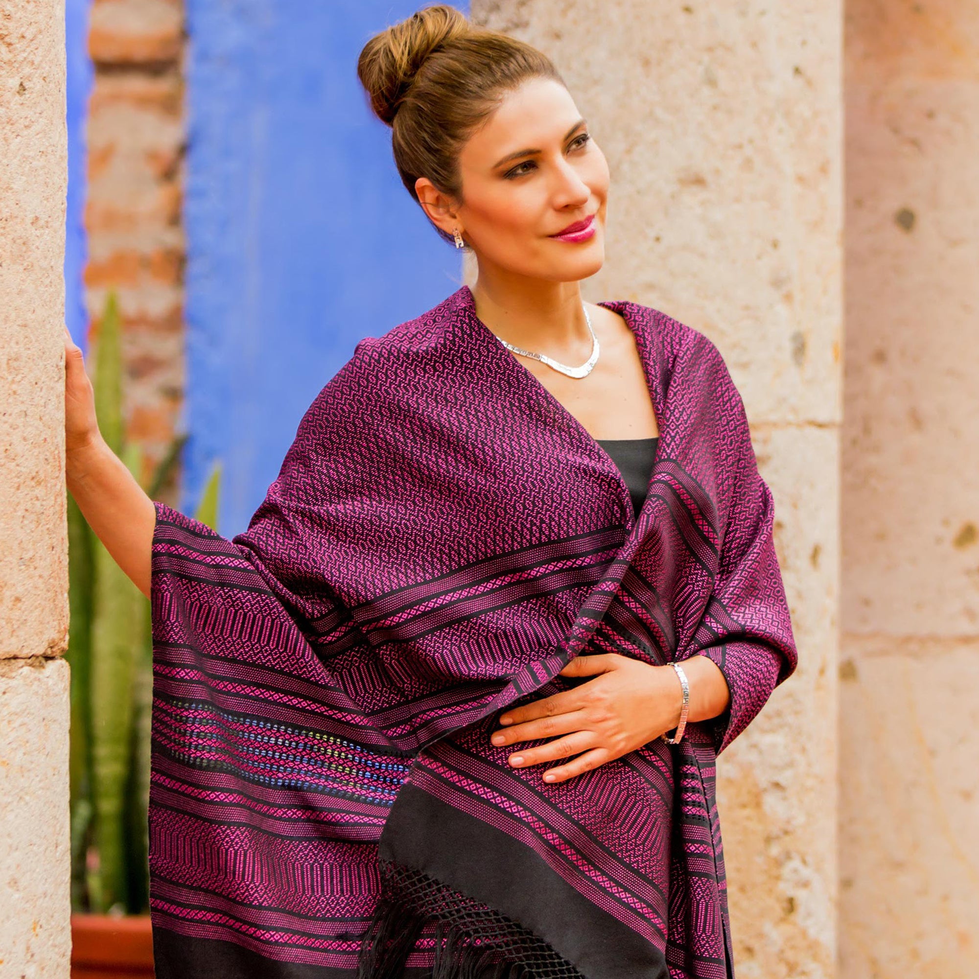 Premium Mexican Rose Zapotec Cotton Rebozo Shawl - Handcrafted Elegance