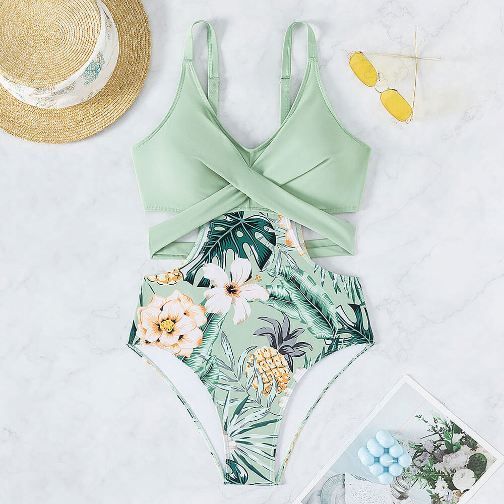 Premium Boho Floral Wrap One-Piece Swimsuit with Cutout Design