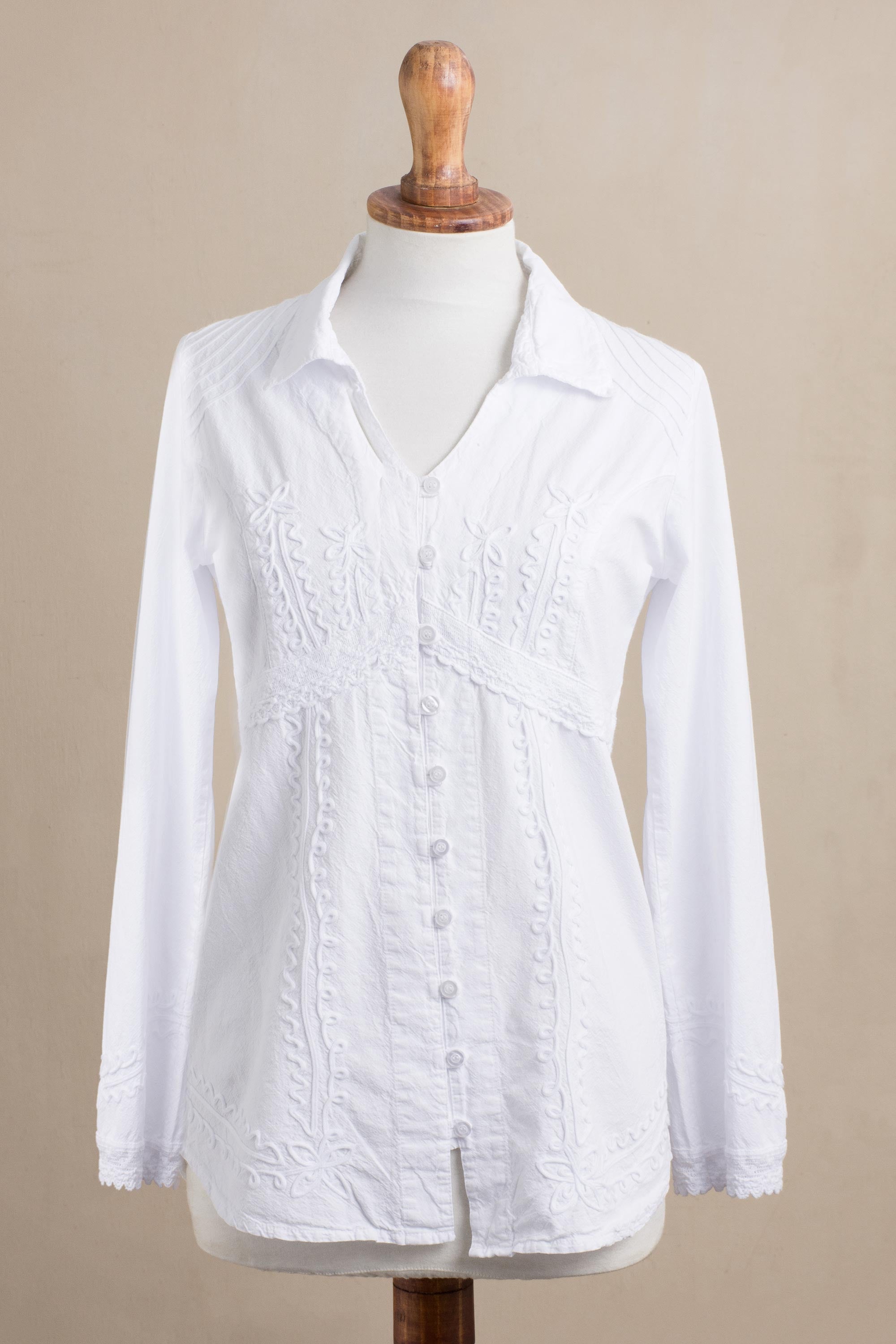 Premium White Blouse with Hand-Embroidered Lily of the Incas Design