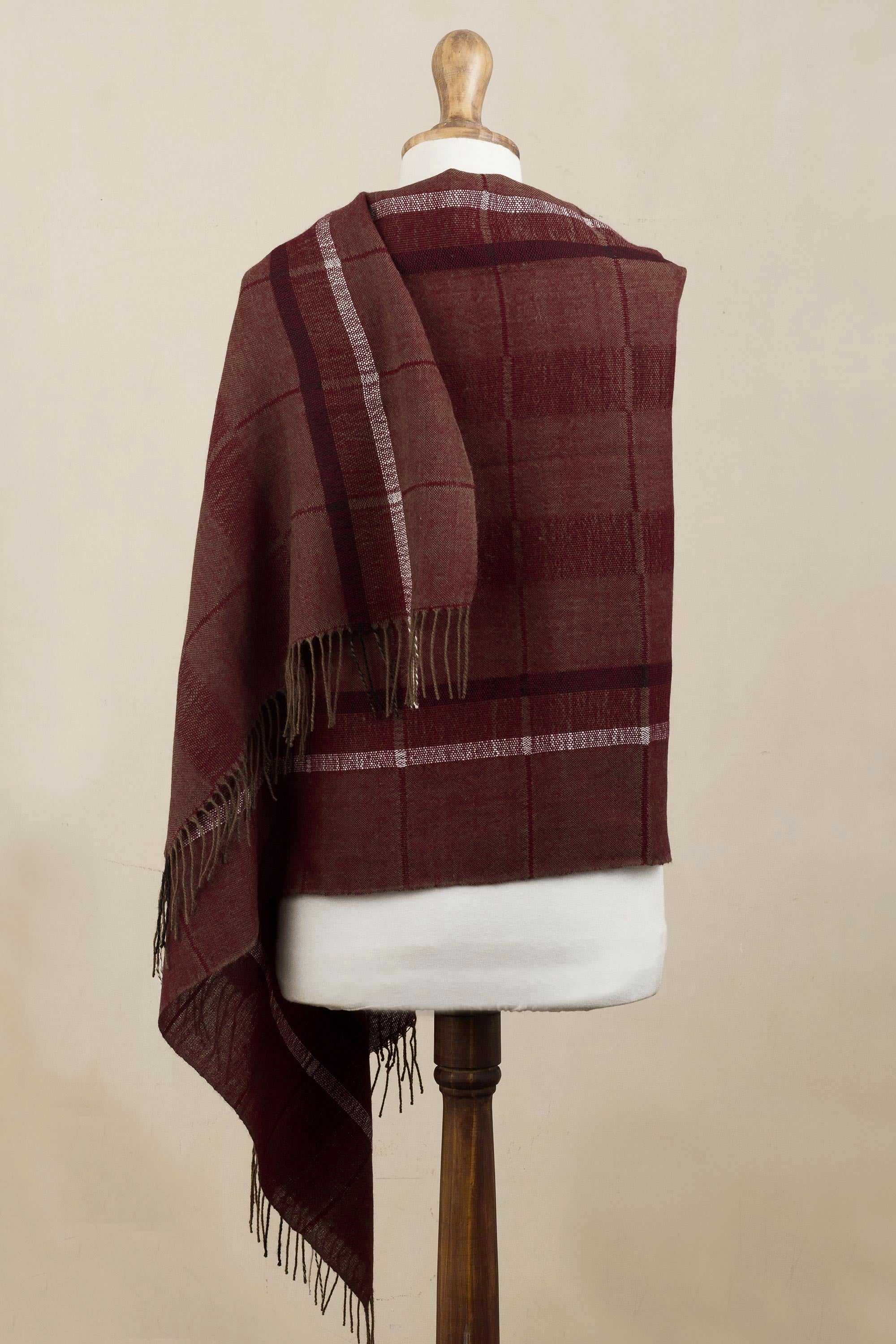 Premium Burgundy & Brown Baby Alpaca Shawl - Handwoven Luxury