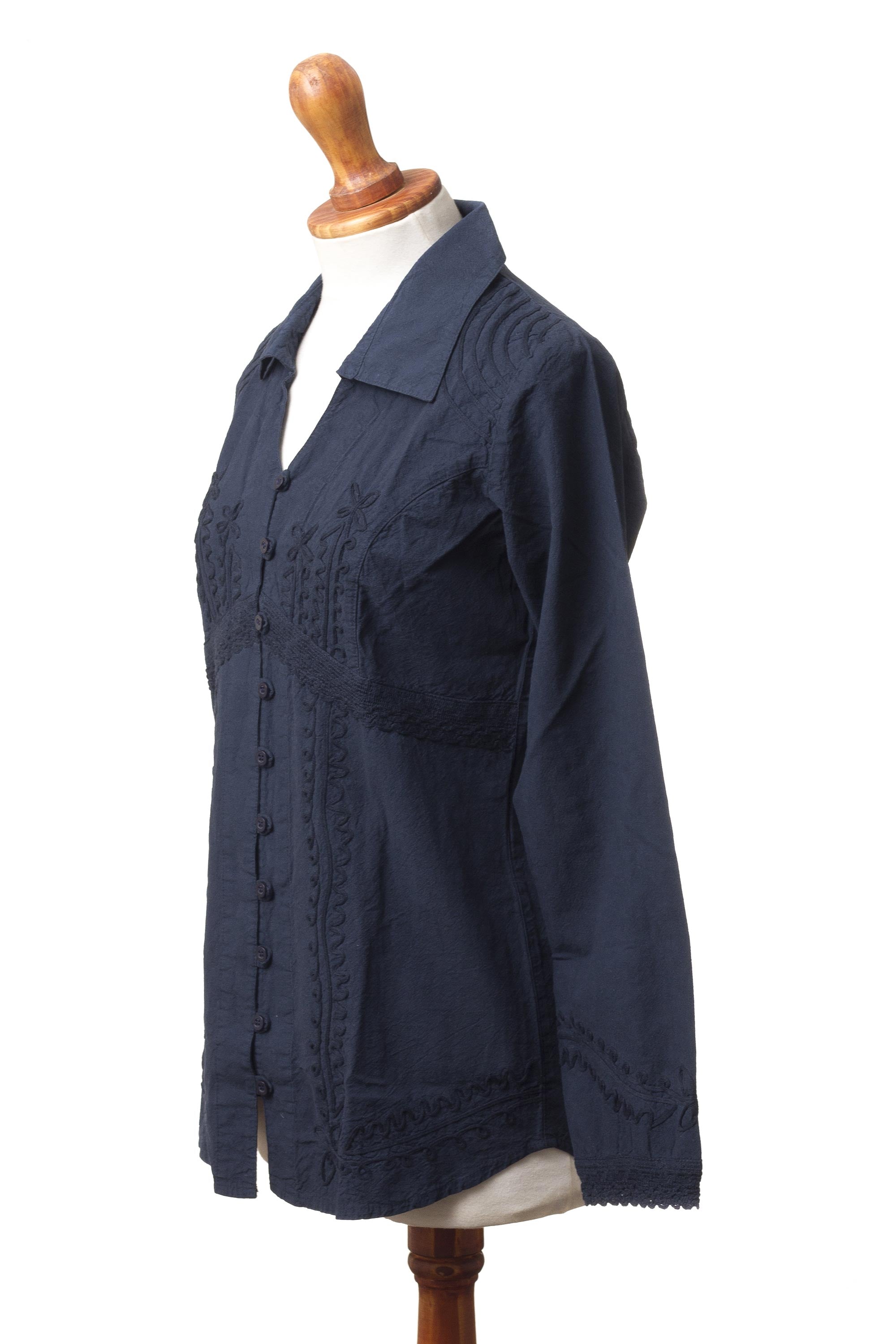 Premium Lily of the Incas Navy Blue Blouse – Hand-Embroidered Organic Cotton