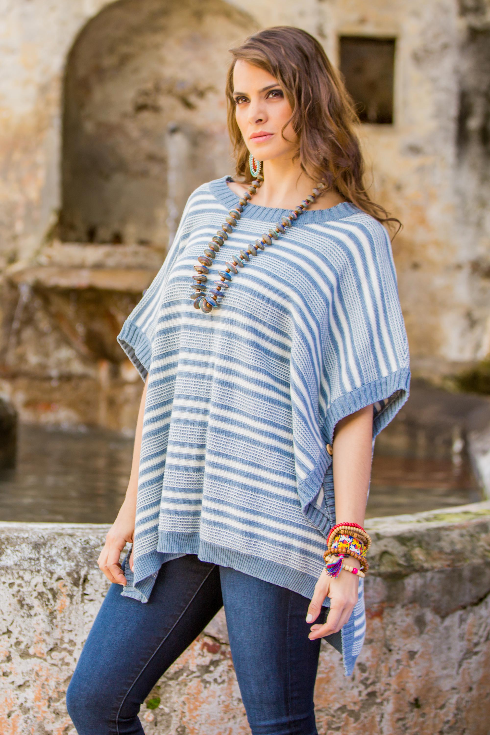 Premium Handwoven Cotton Poncho - Blue Stripes & Eco-Friendly Design