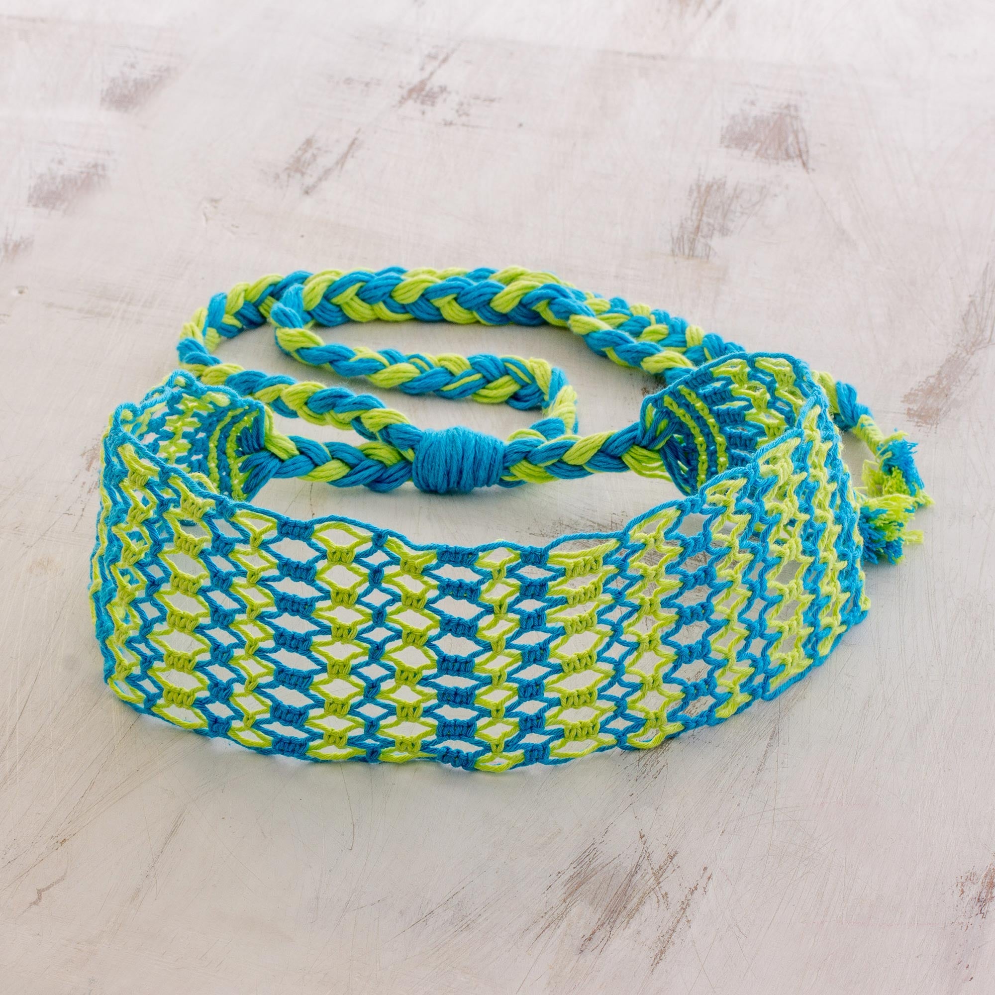 Premium Handcrafted Cotton Macramé Headband - Citron Yellow & Cyan Blue