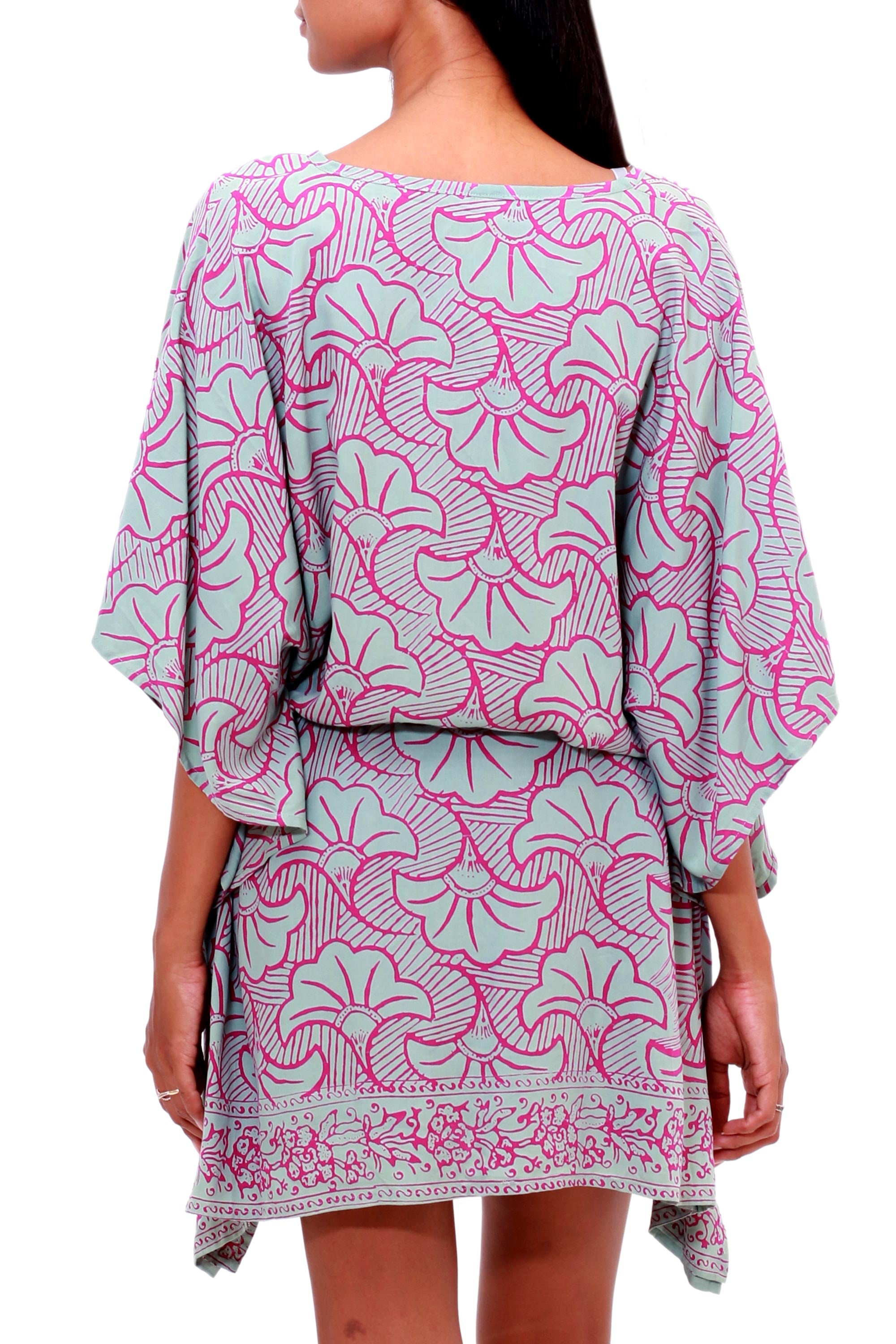 Premium Handcrafted Gingko Leaf Batik Rayon Caftan - Mint & Magenta | Bali Artisan Collection