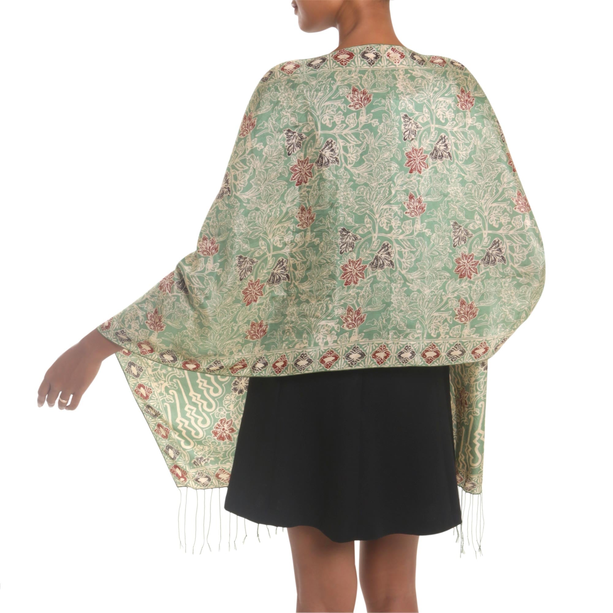 Premium Moss Green Batik Silk Shawl with Elegant Lily Motifs - Handcrafted in Bali