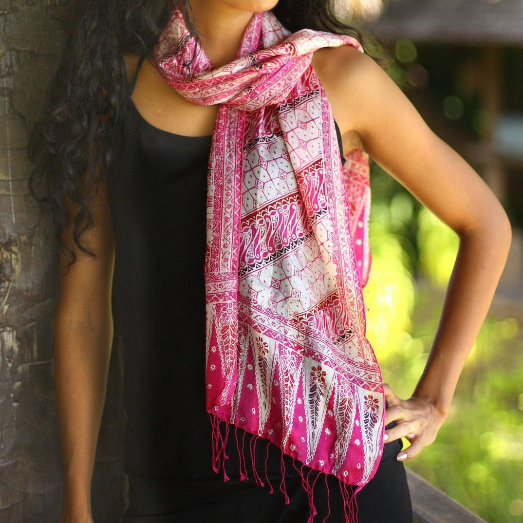 Premium Pink Fantasy Silk Batik Scarf - Handmade in Indonesia