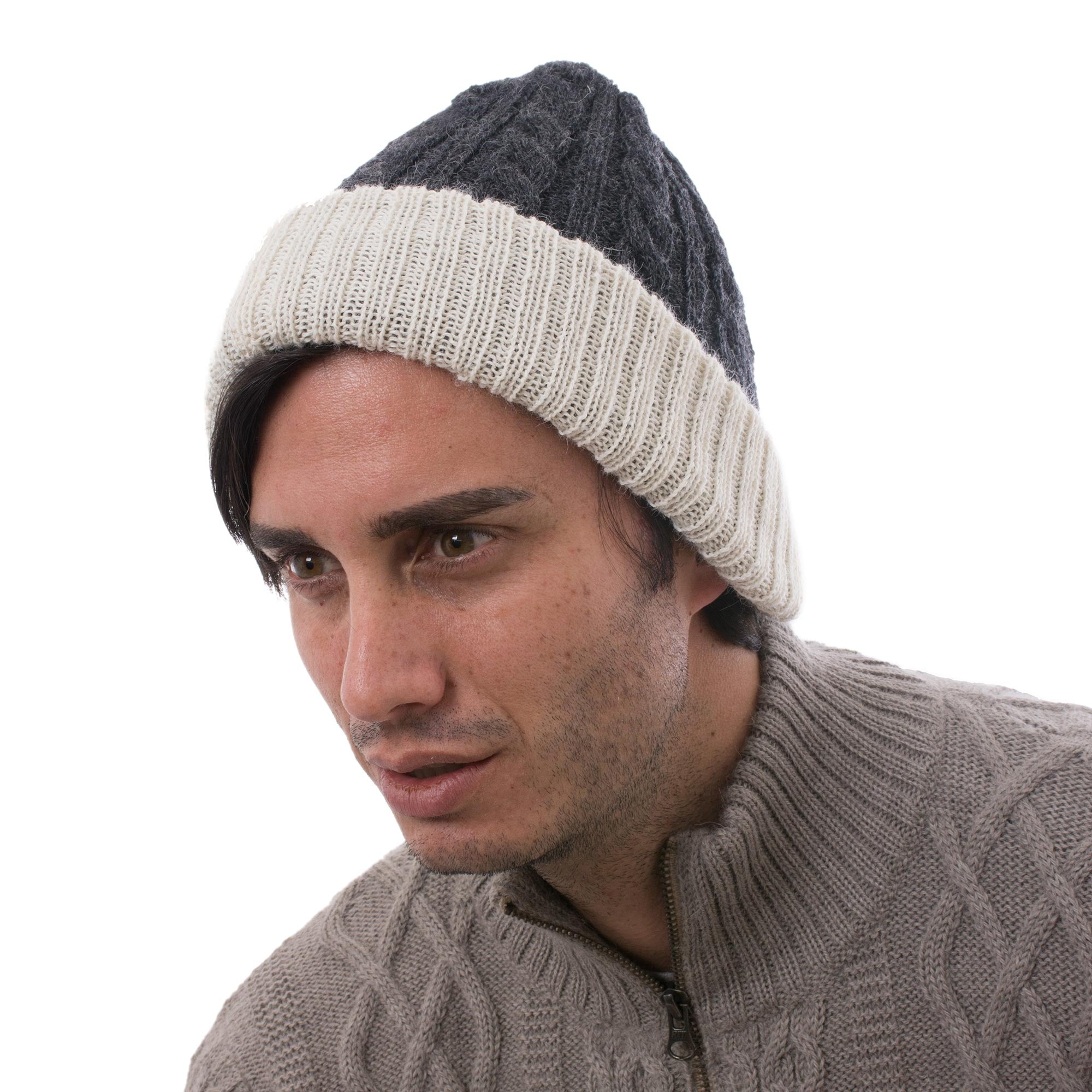 Premium Reversible Alpaca Knit Hat - White & Grey | Ultimate Winter Comfort