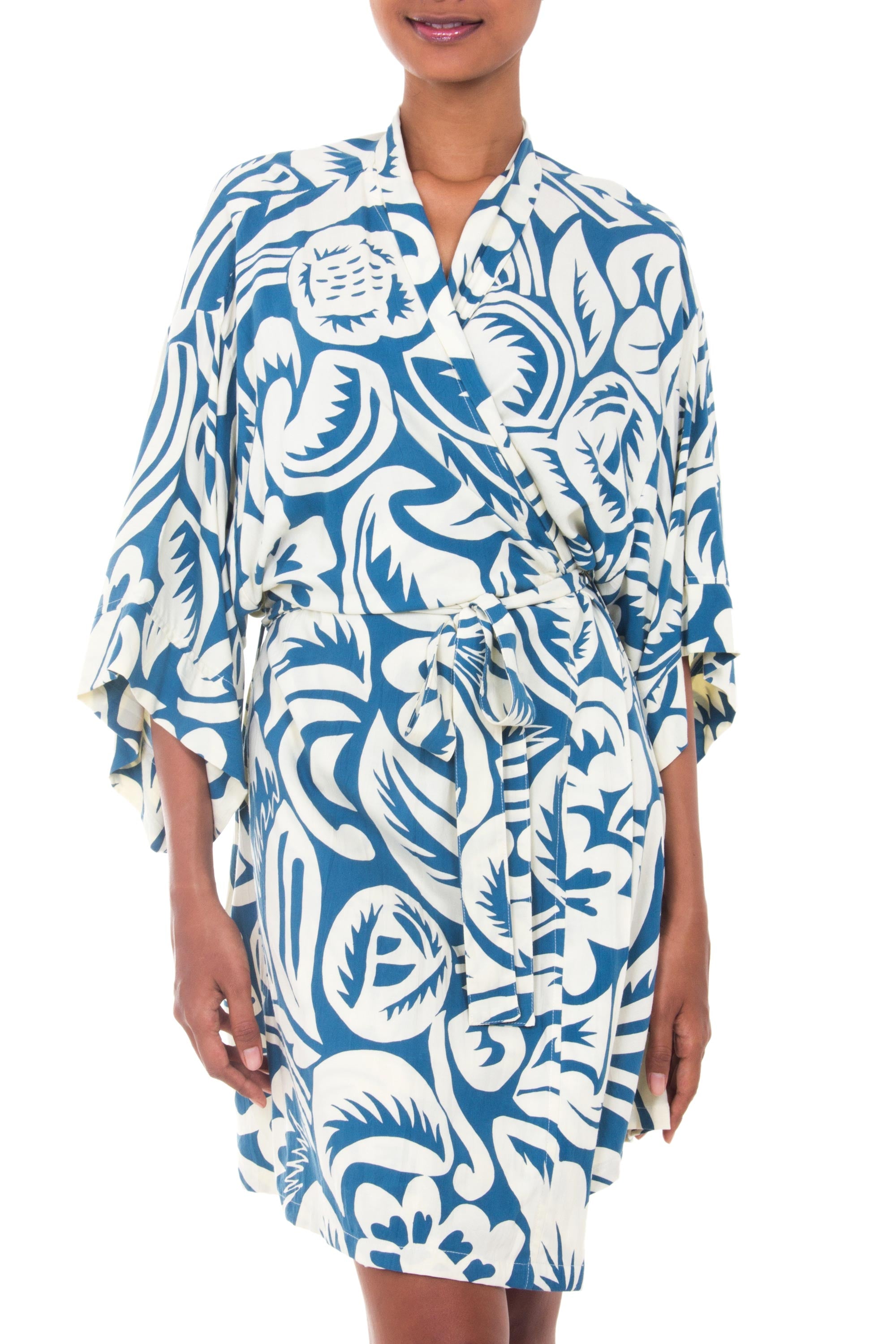 Premium Blue Floral Tropical Rayon Robe for Women – Ultimate Comfort & Style