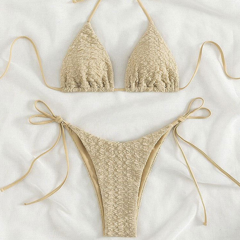 Premium Vintage Embossed Tie String Bikini Set - Khaki