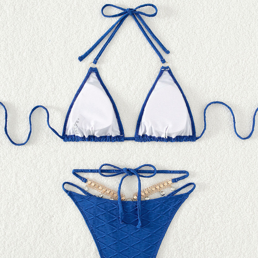 Premium Rhinestone String Cheeky Bikini Set - Ocean Blue Textured Swimwear