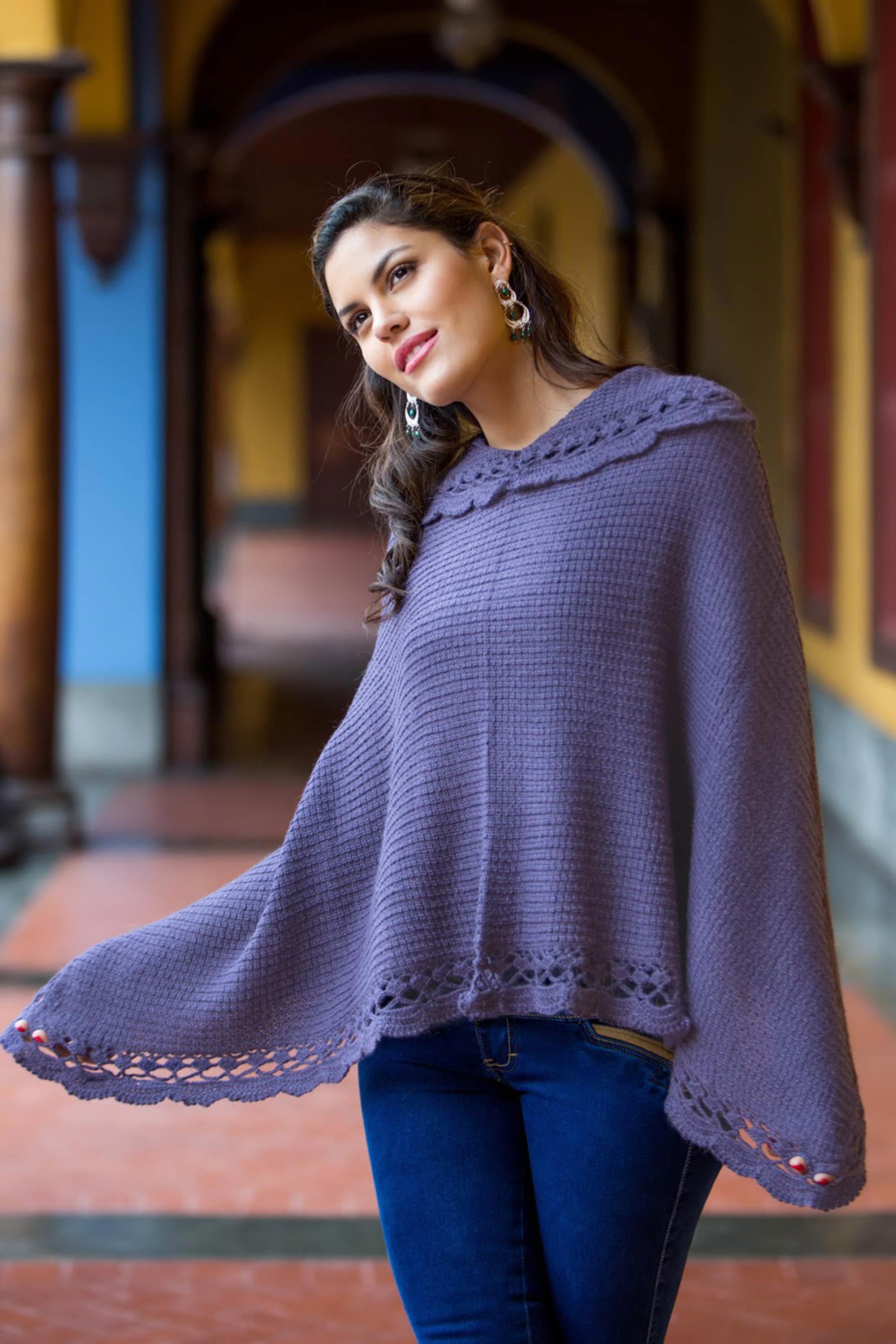 Premium Purple Alpaca Blend Poncho - Handcrafted in Peru