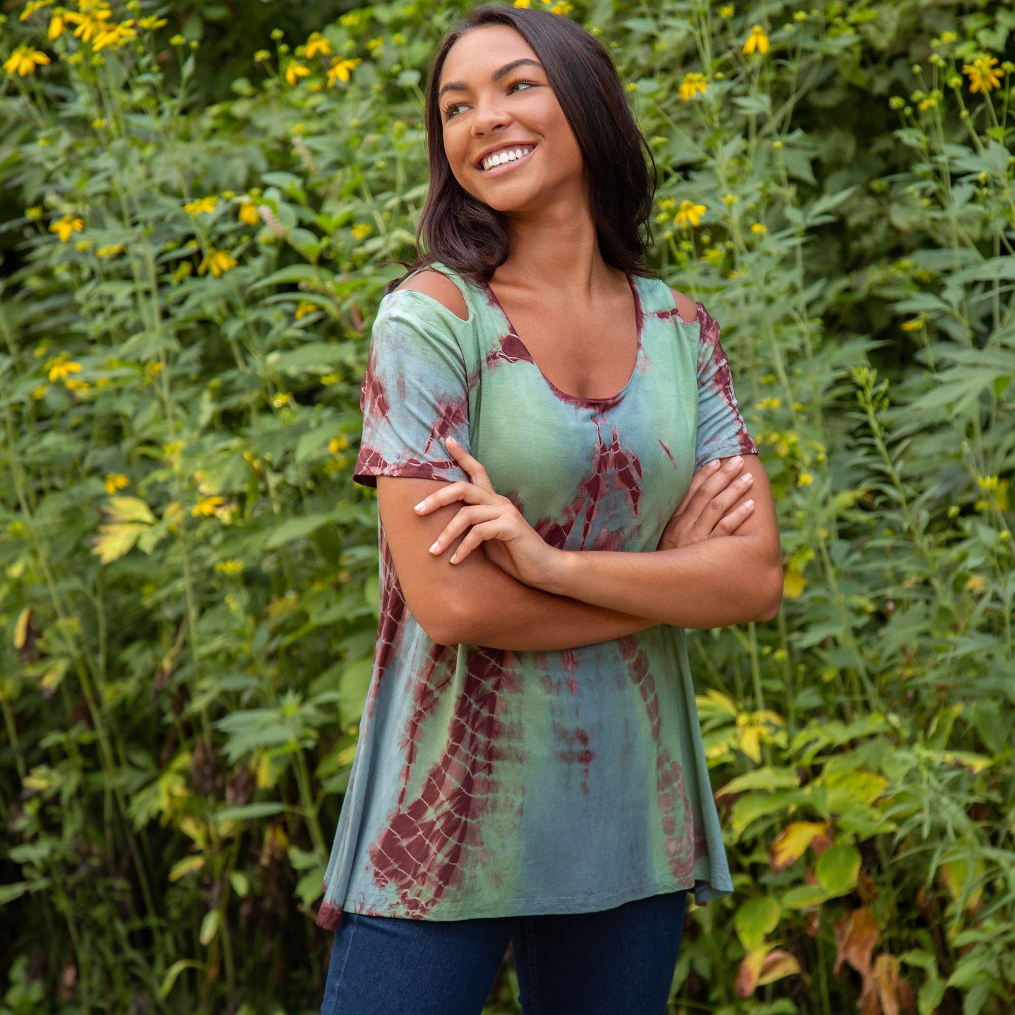 Premium Tie-Dye Cold Shoulder Top - Sand & Stone