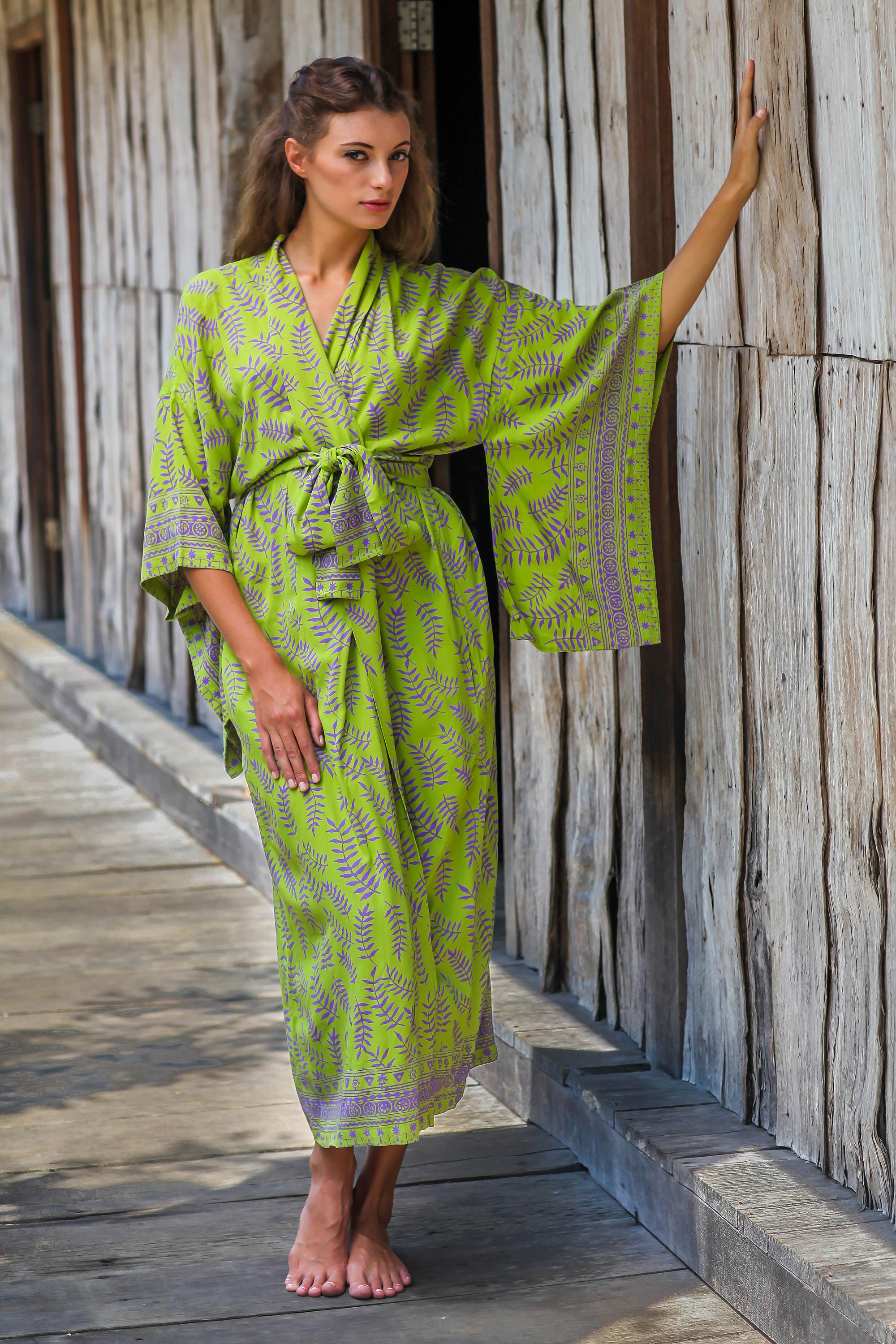 Premium Tropical Fern Forest Kimono Robe - Bali-Inspired Green & Purple Design