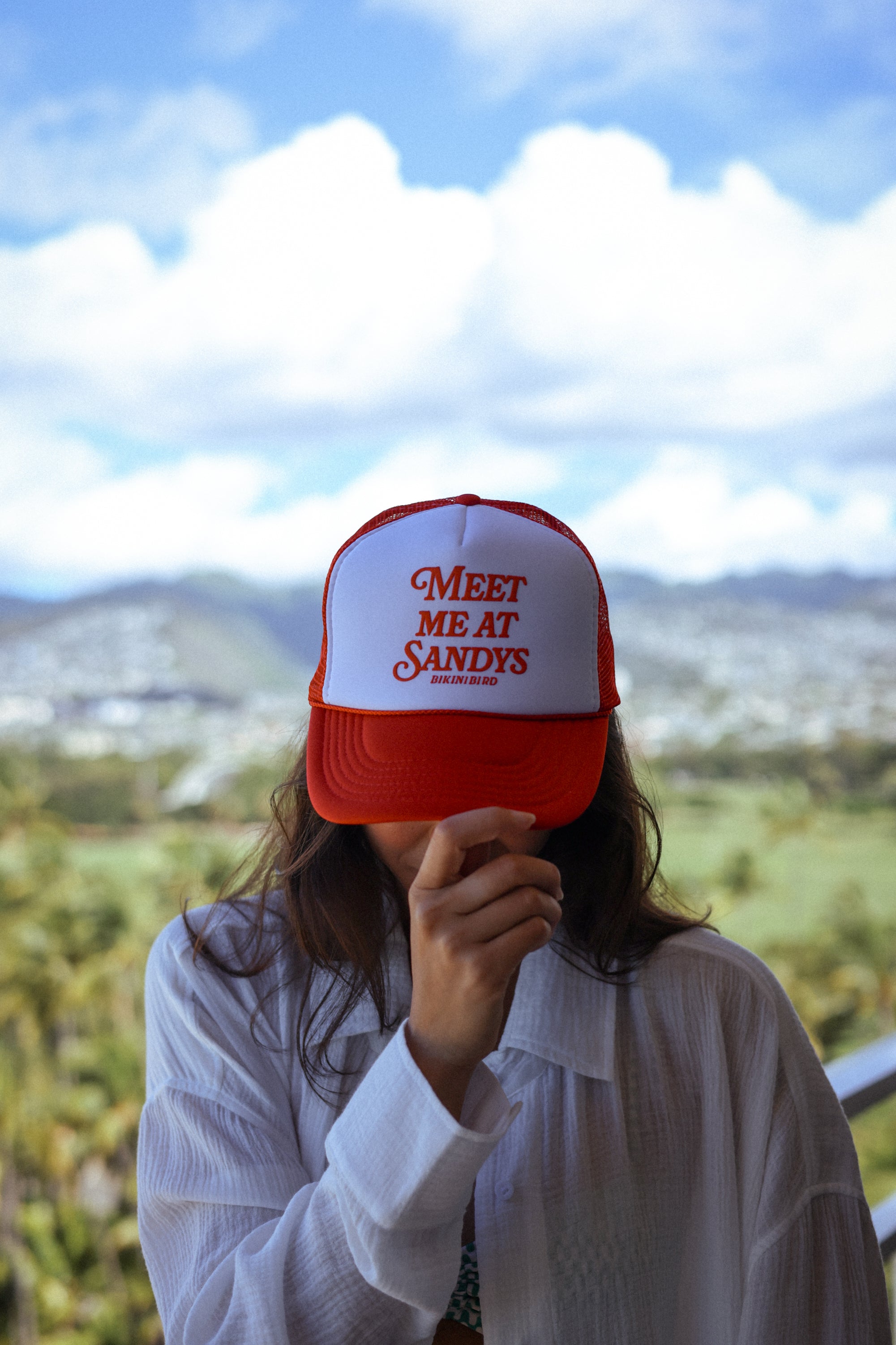 Premium Bikinibird Meet Me at Sandy's Red/White Trucker Hat - Ultimate Summer Style