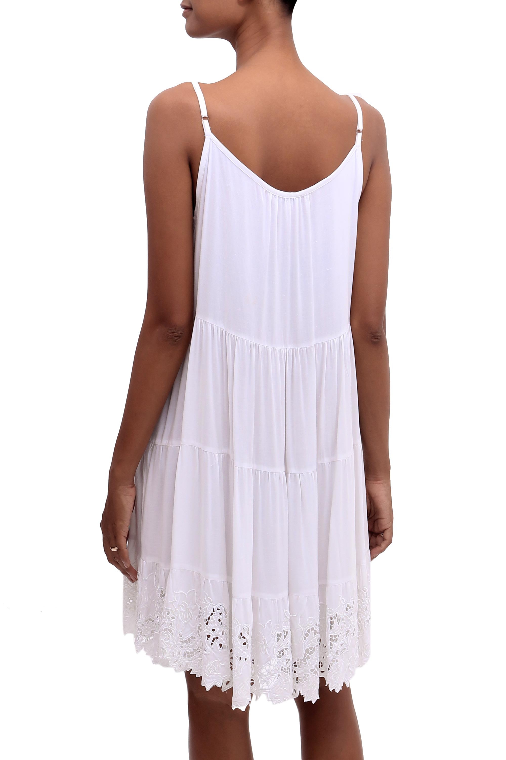 Premium Snow White Dewi Embroidered Rayon Sundress - Handcrafted in Bali