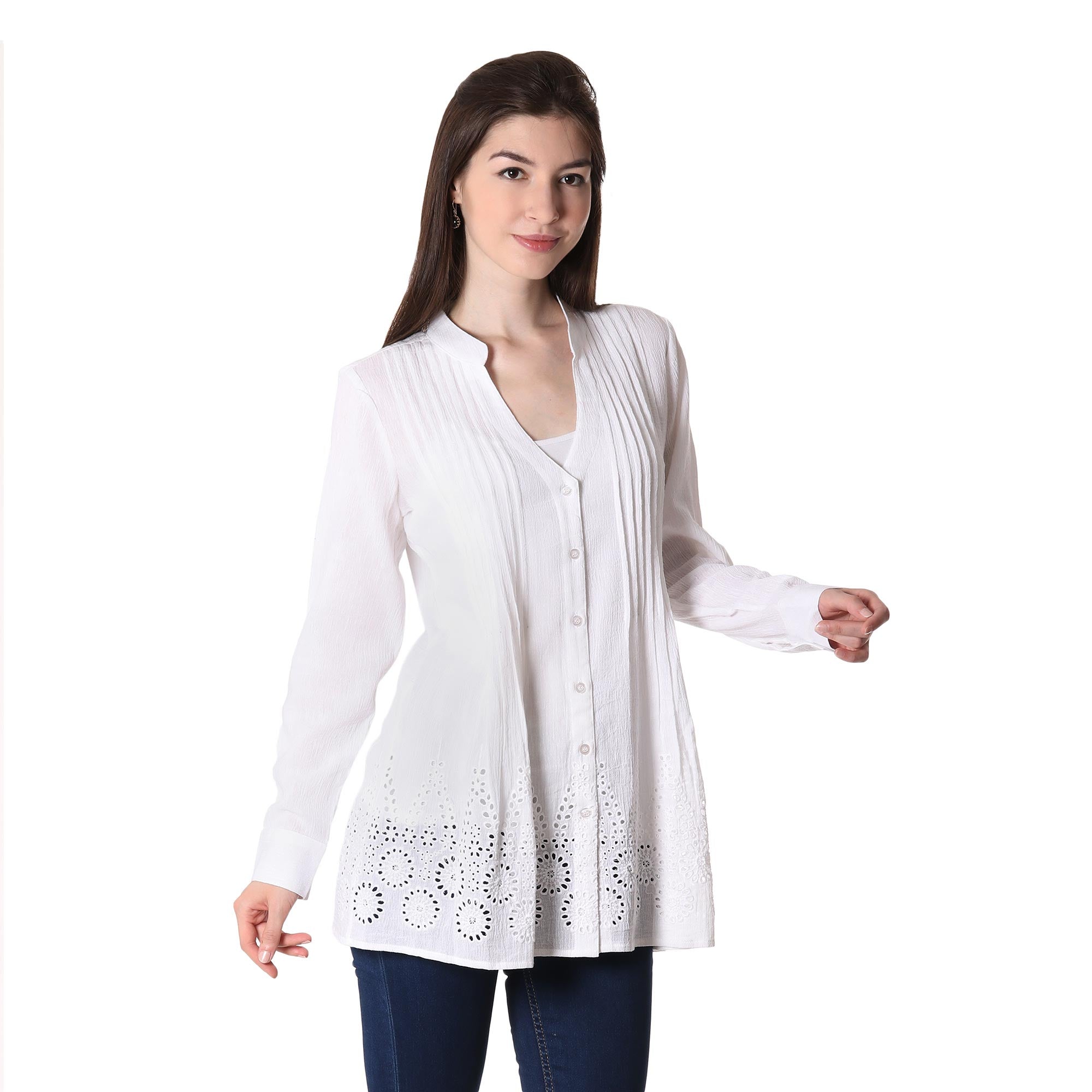 Premium Hakoba White Eyelet Cotton Blouse - Elegant Indian Design