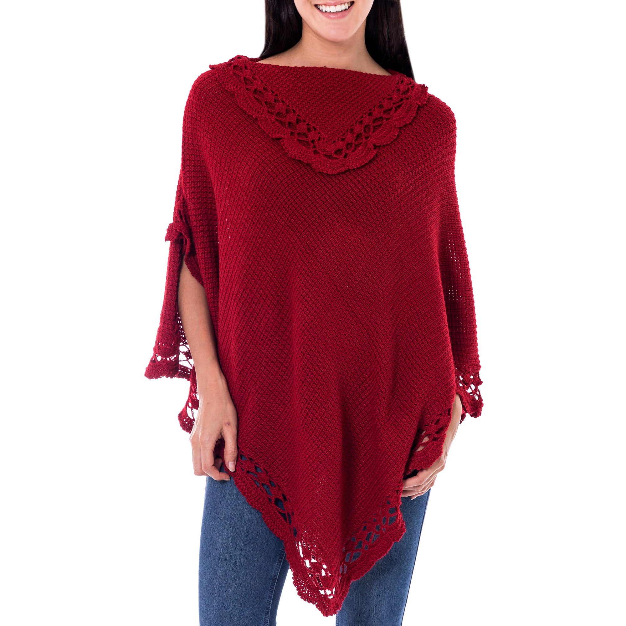 Premium Arequipa Red Alpaca Blend Poncho - Handmade Fair Trade