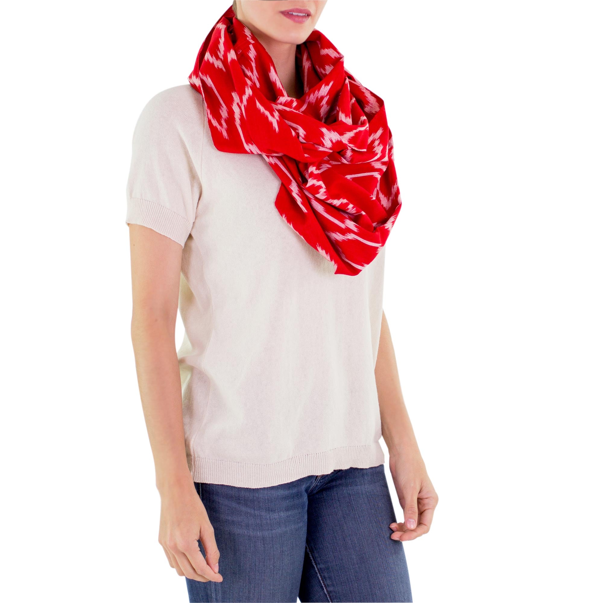 Premium Ruby Maya Infinity Scarf - Handwoven Cotton with Modern Red & White Jaspe Pattern