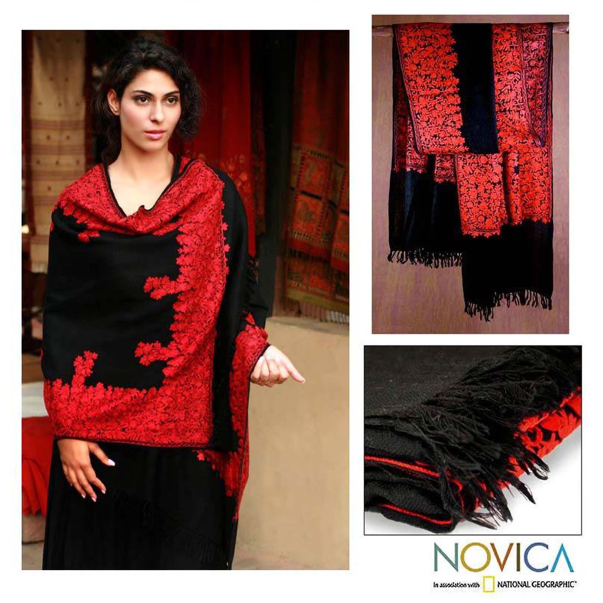 Premium Black Floral Embroidered Wool Shawl