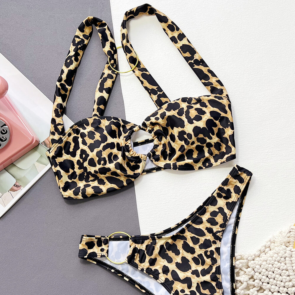 Premium Leopard Print Metallic O-Ring Bikini Set