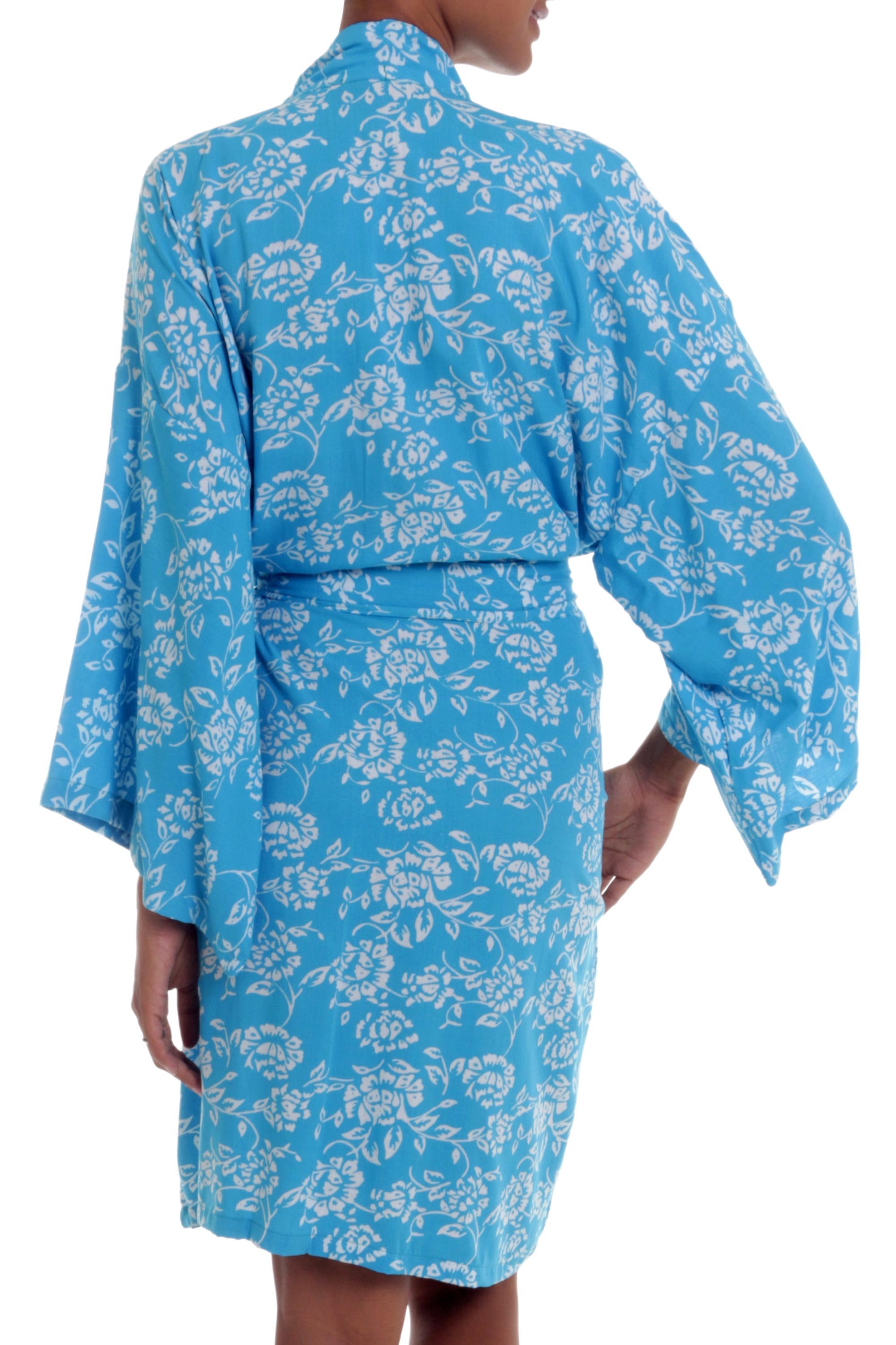 Premium Cerulean Blue Batik Rayon Kimono Robe - Tropical Elegance