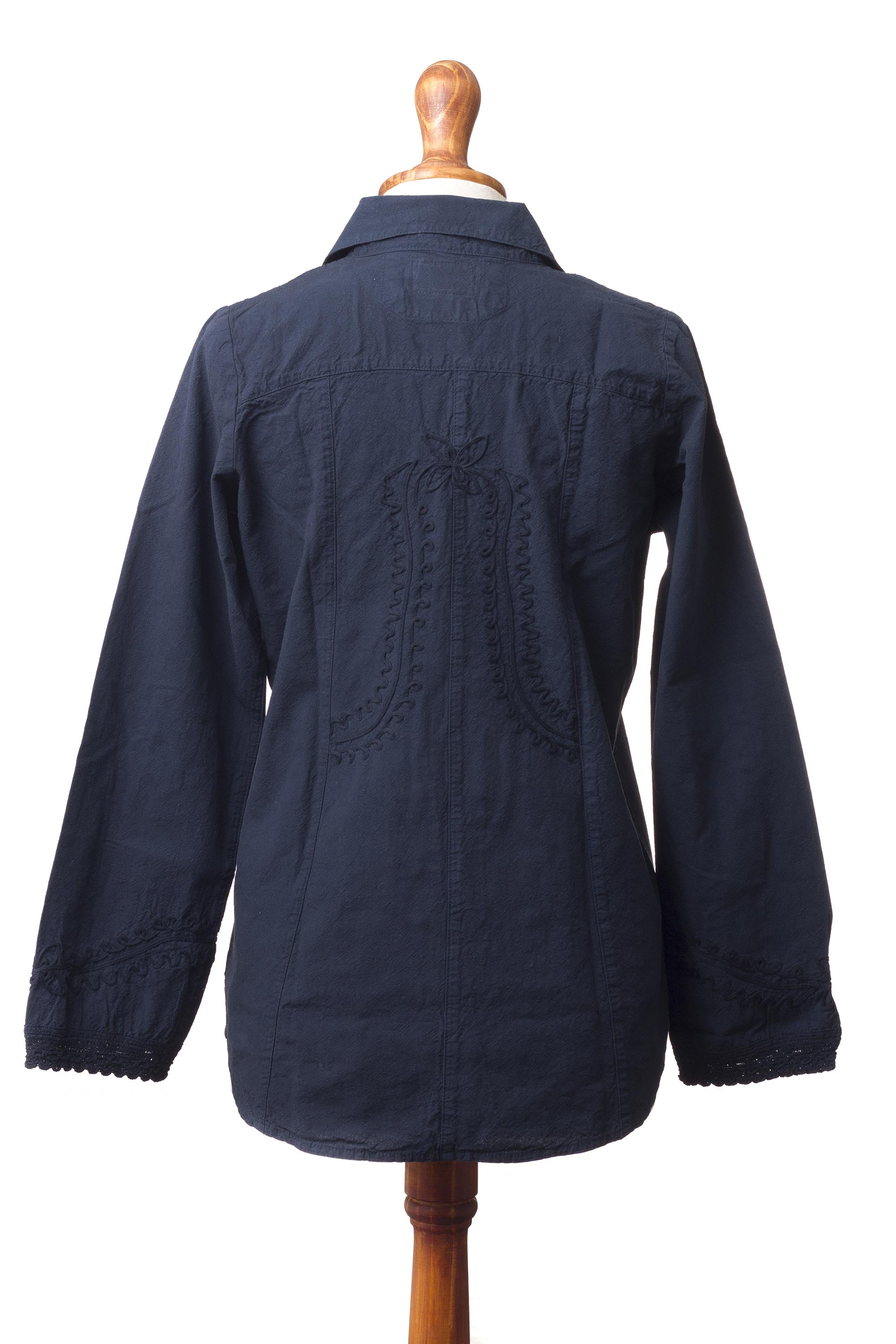 Premium Lily of the Incas Navy Blue Blouse – Hand-Embroidered Organic Cotton