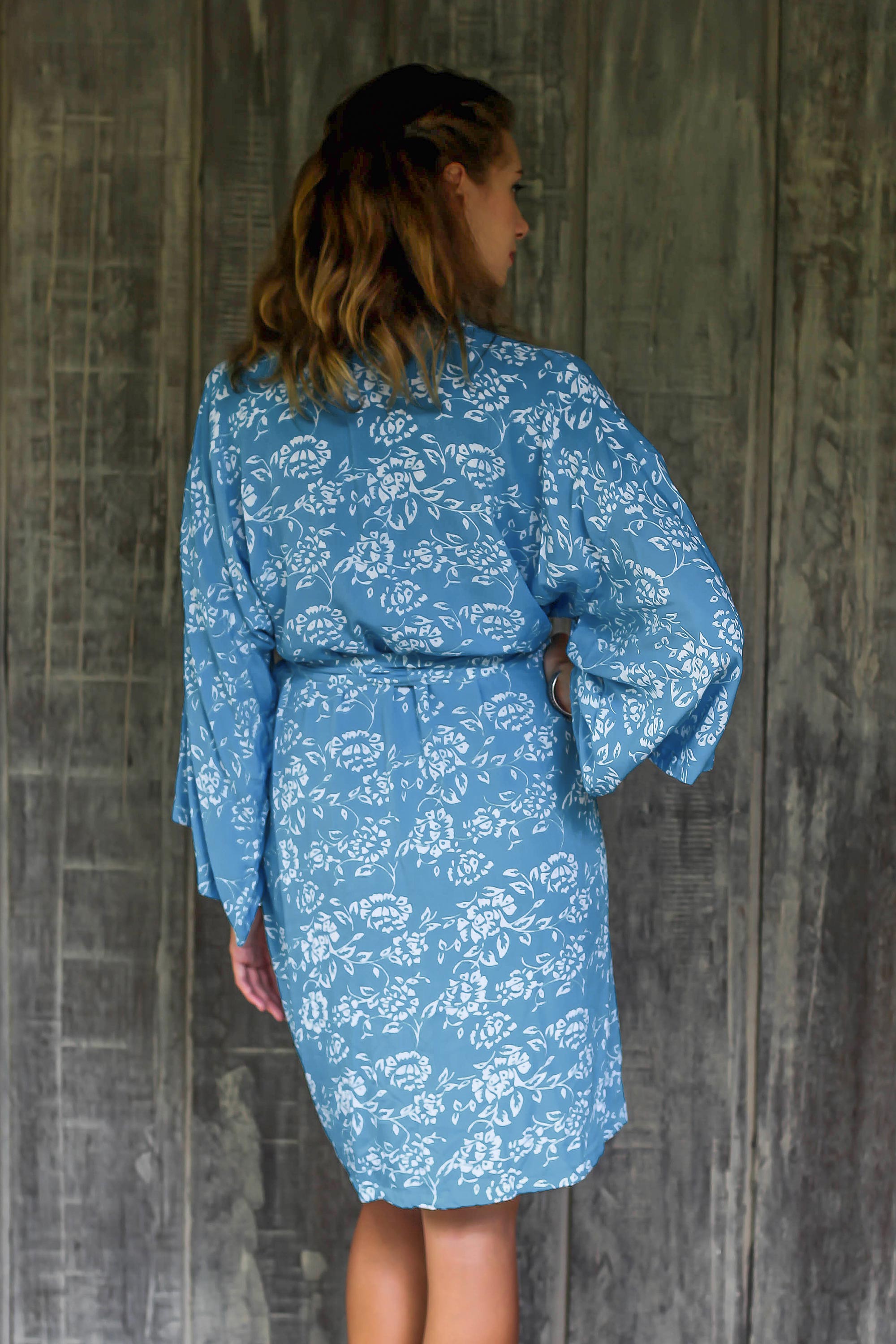 Premium Cerulean Blue Batik Rayon Kimono Robe - Tropical Elegance