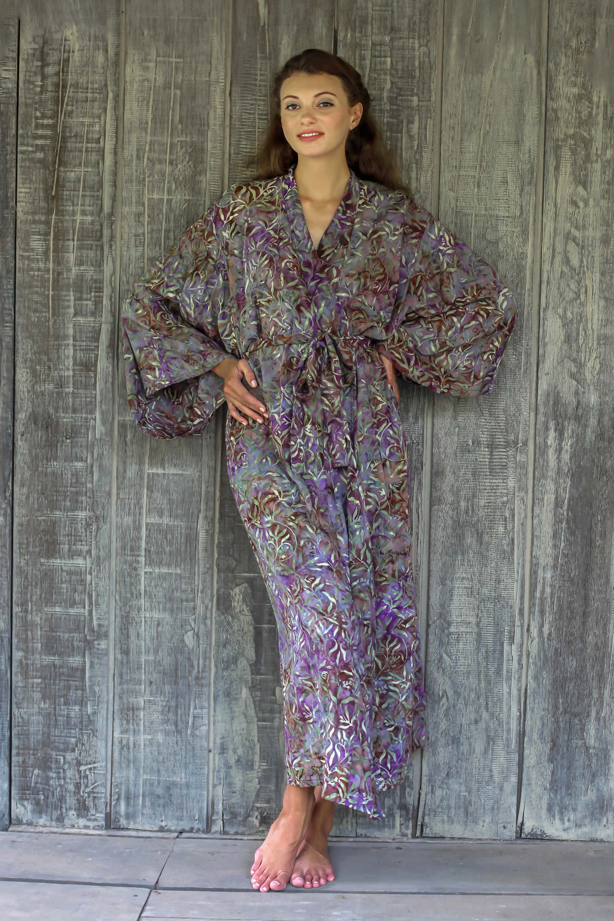 Premium Floral Mansion Rayon Robe - Sienna & Purple Batik Design