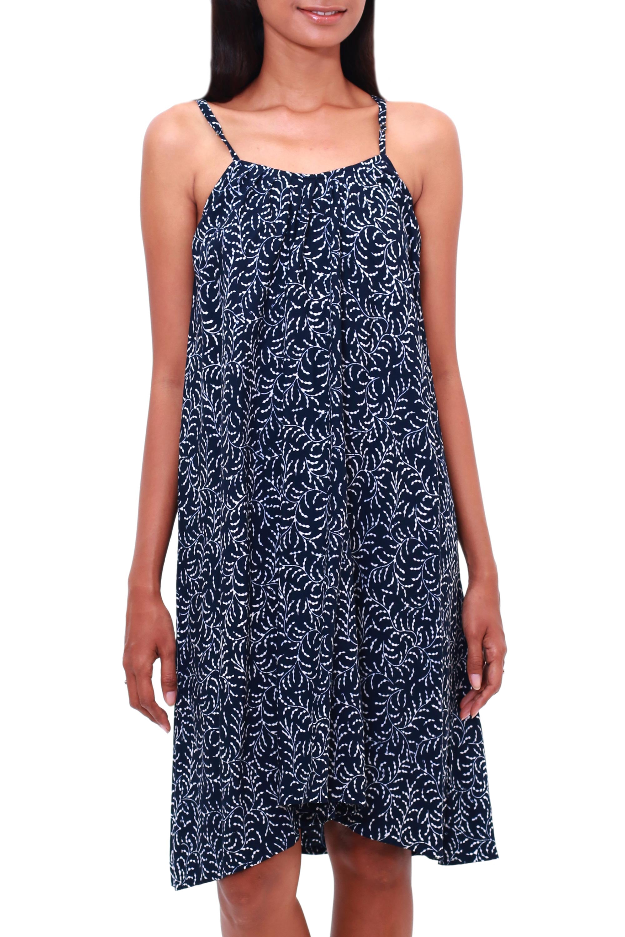 Premium Many Leaves Batik Rayon Sundress - Midnight & White by Bali Artisans