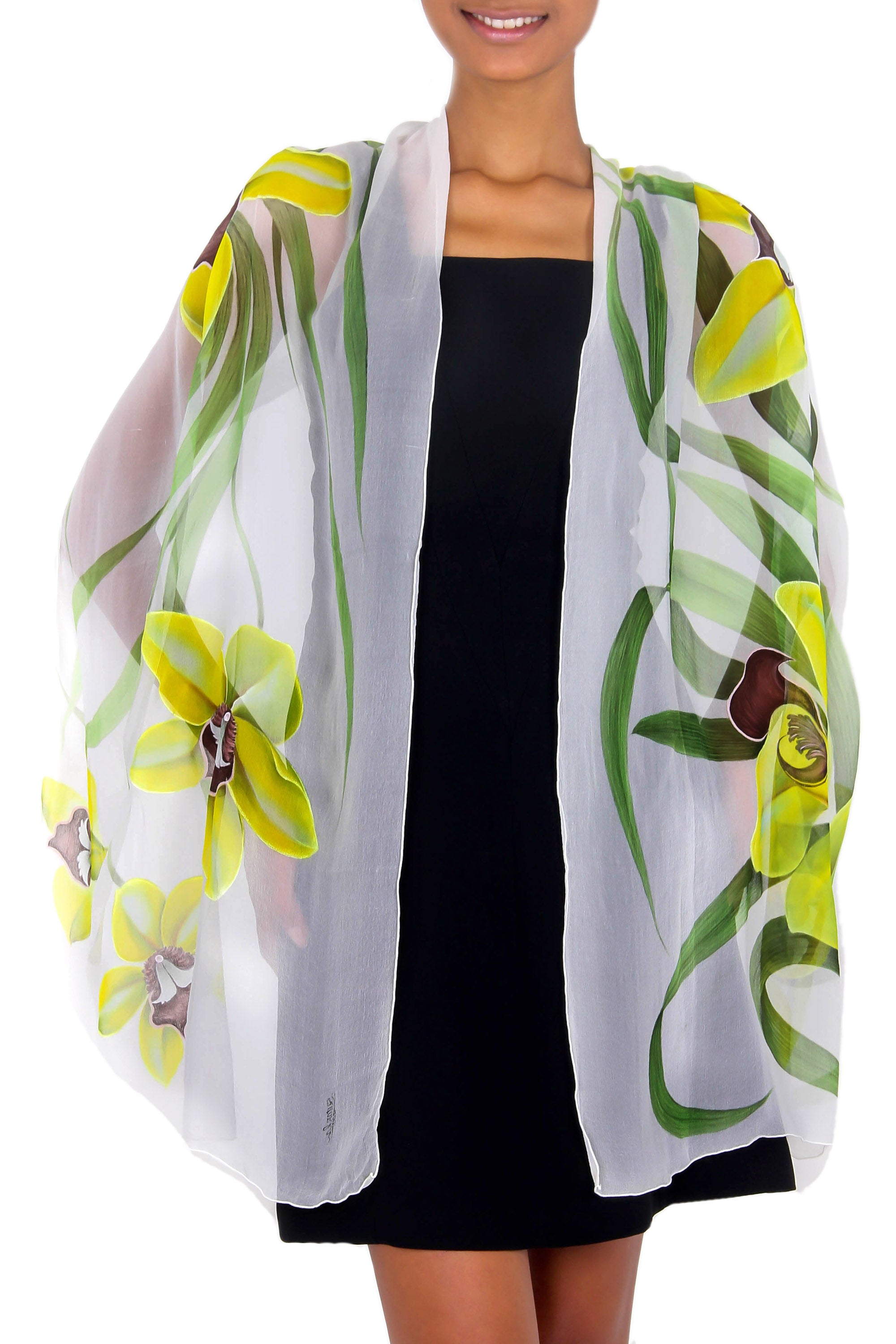 Premium Handpainted Silk Shawl - Green Orchid Collection