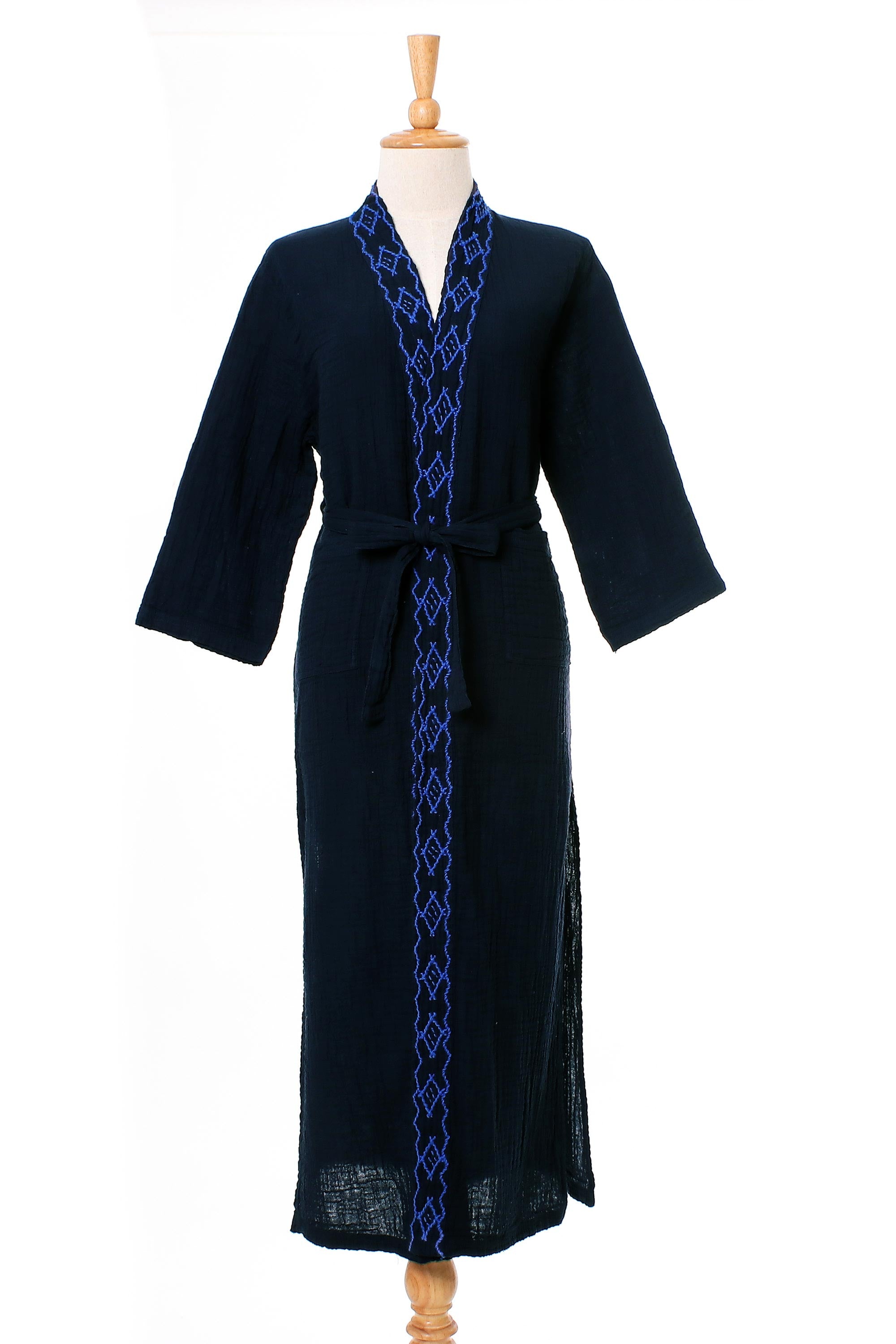 Premium Midnight Relaxation Cotton Robe - Hand-Embroidered Sapphire Design