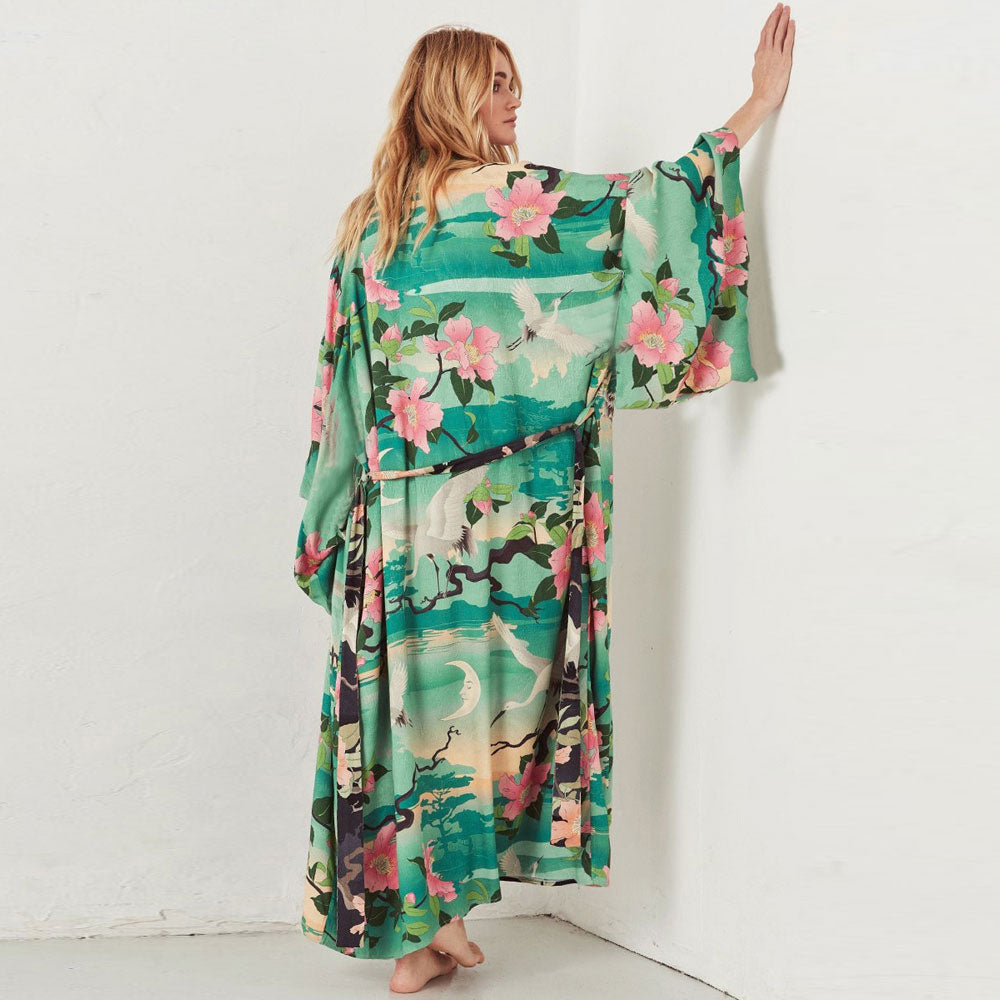 Premium Floral Maxi Cover-Up with Belted Waist & Oversize Sleeves