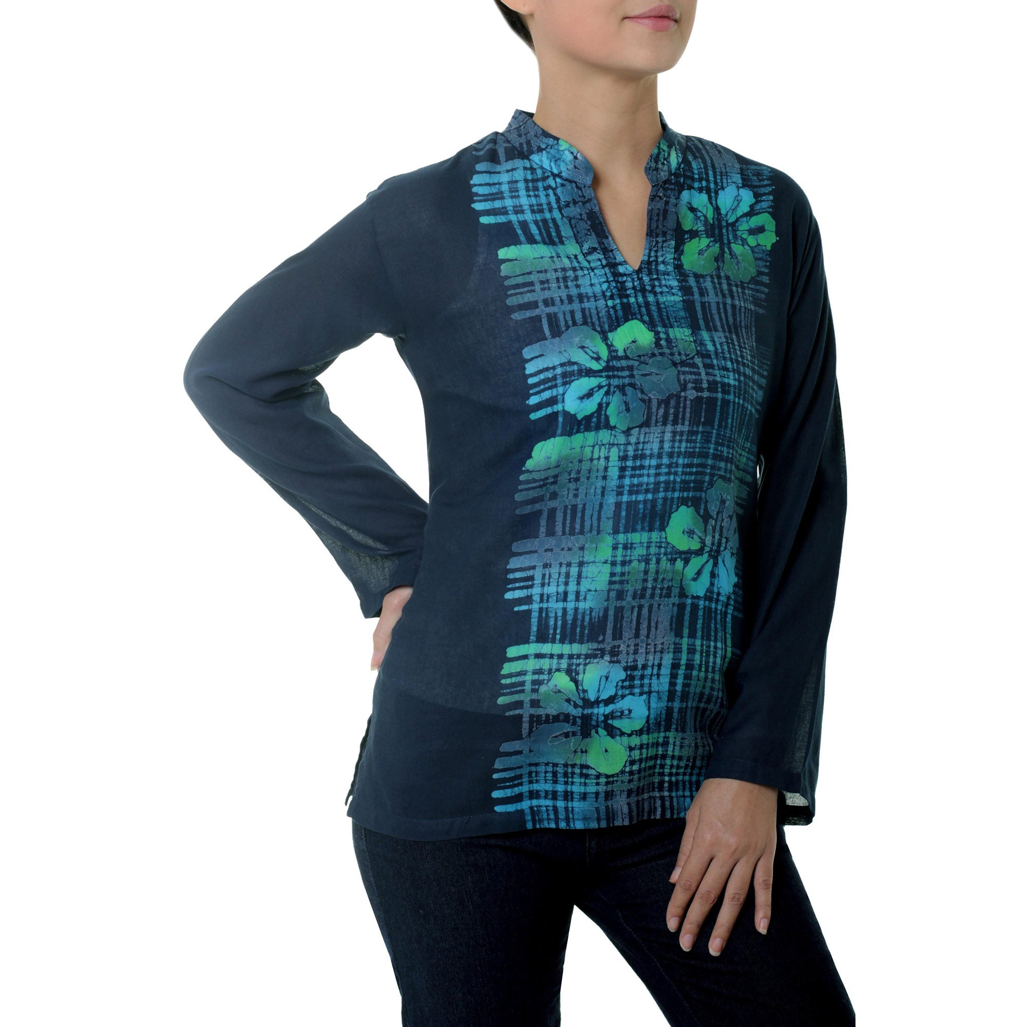 Premium Teal Thai Hibiscus Cotton Batik Tunic - Handmade & Fair Trade