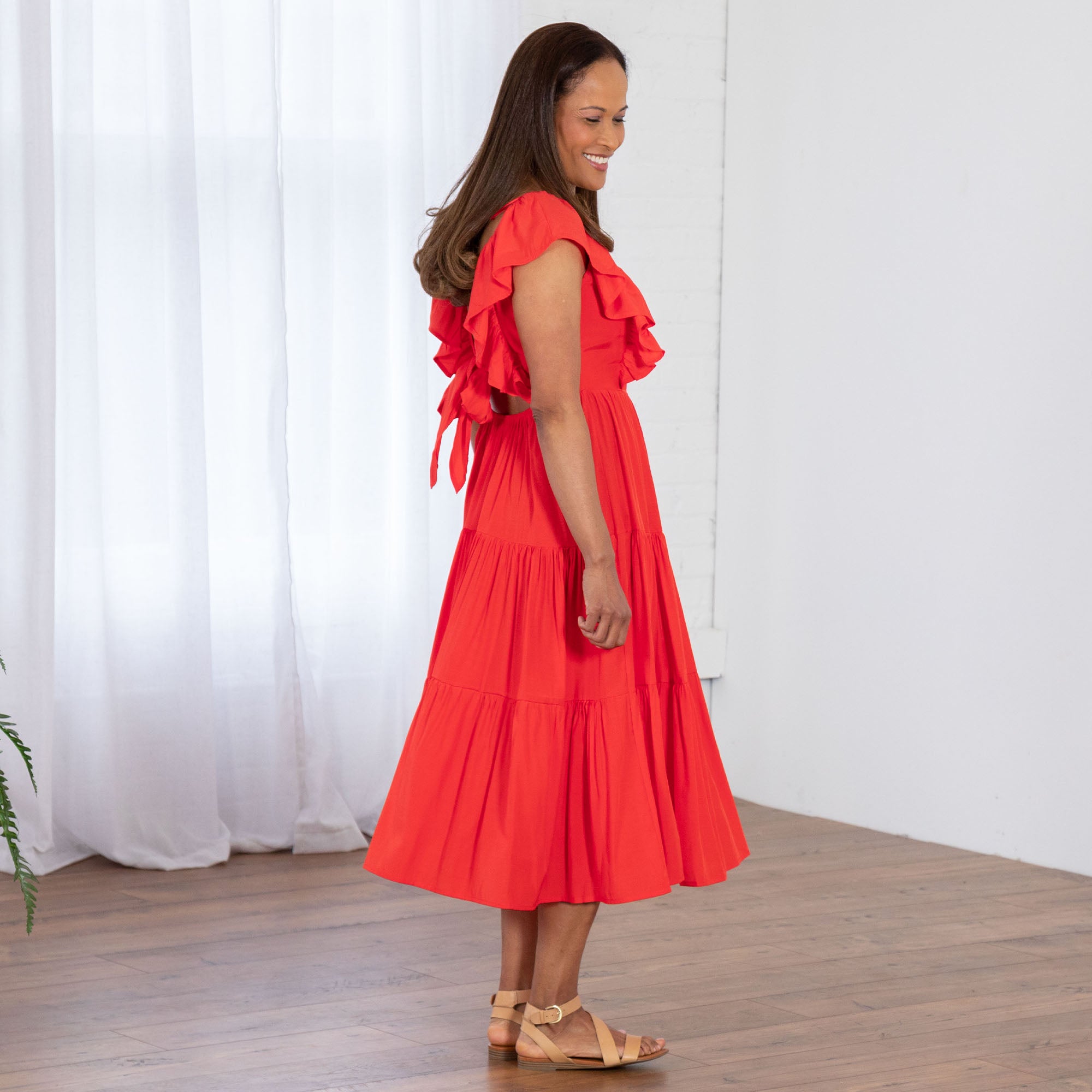 Elegant Open Back Ruffle Midi Dress - Premium Summer Style