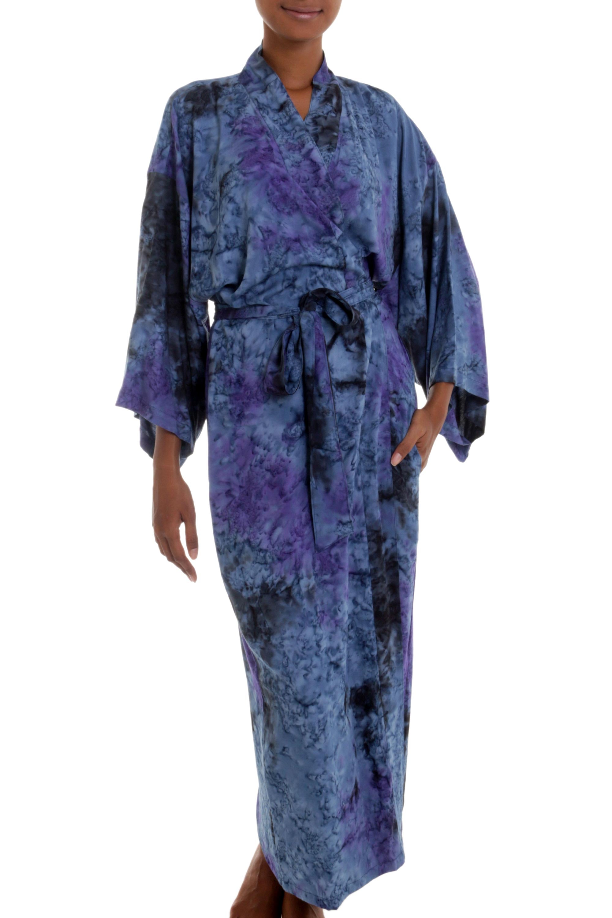 Premium Handmade Tie-Dye Rayon Kimono Robe - Wild Blues from Indonesia