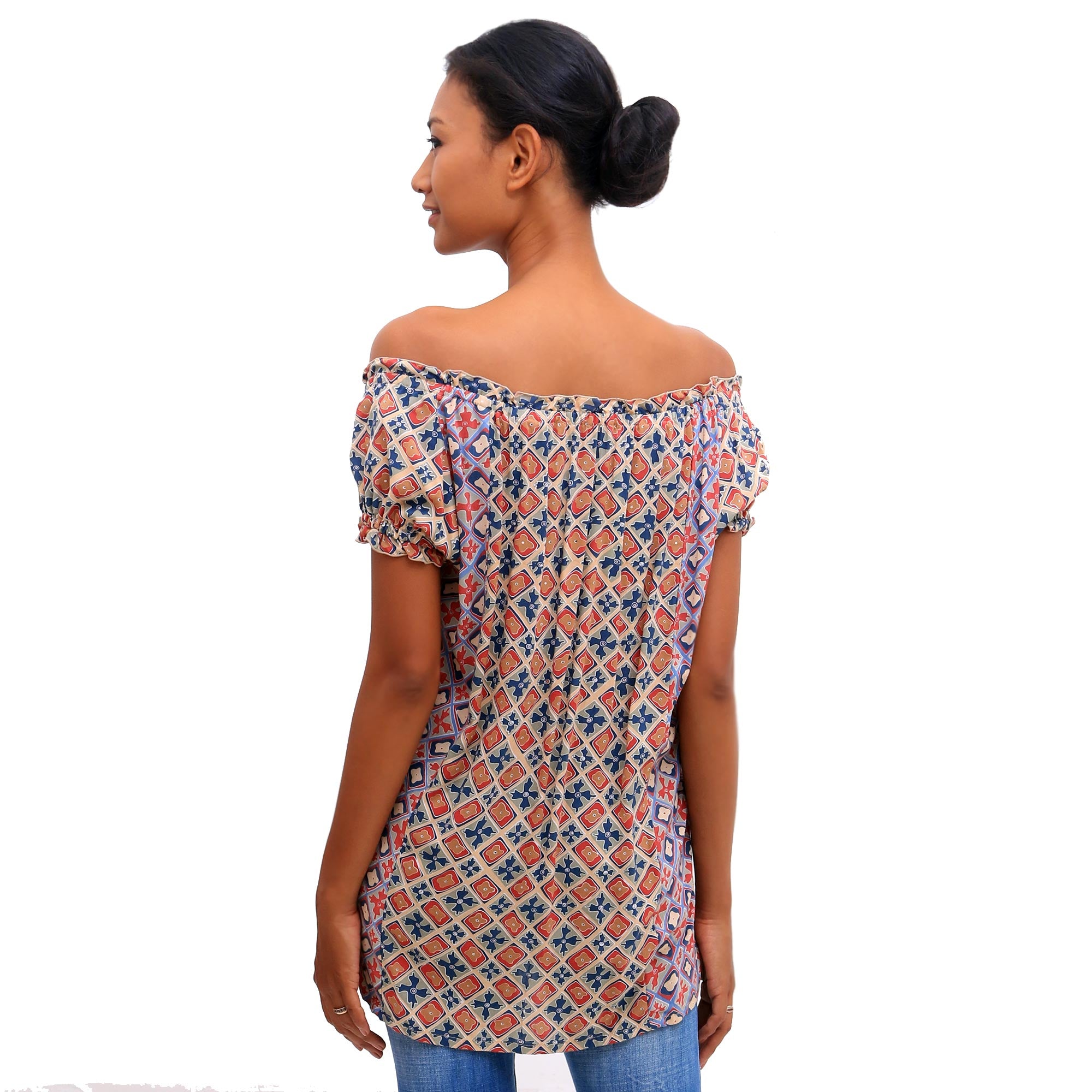 Premium Bali Crisscross Off-The-Shoulder Blouse | Chili & Azure Rayon Design