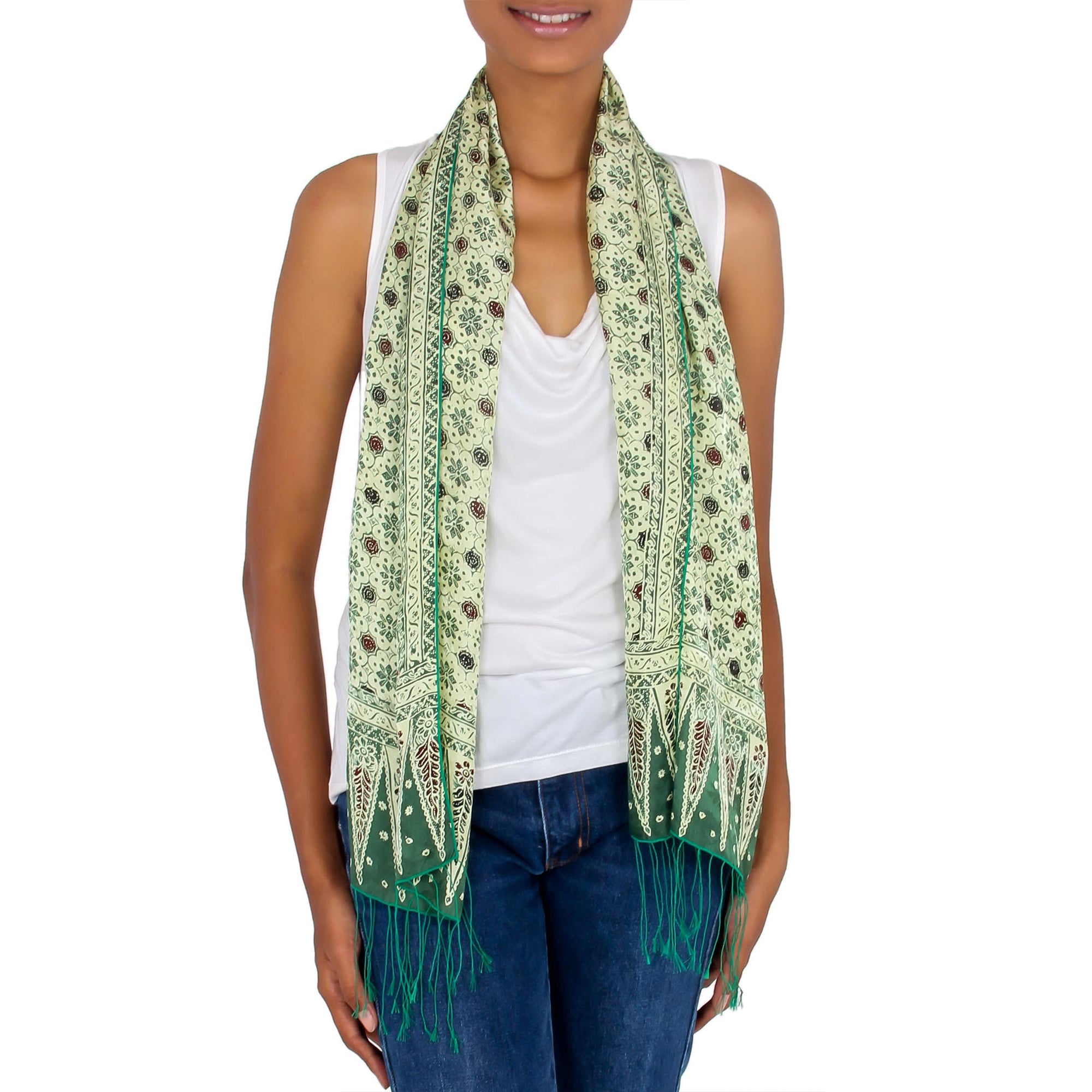 Premium Green Jade Silk Batik Scarf – Handcrafted Elegance