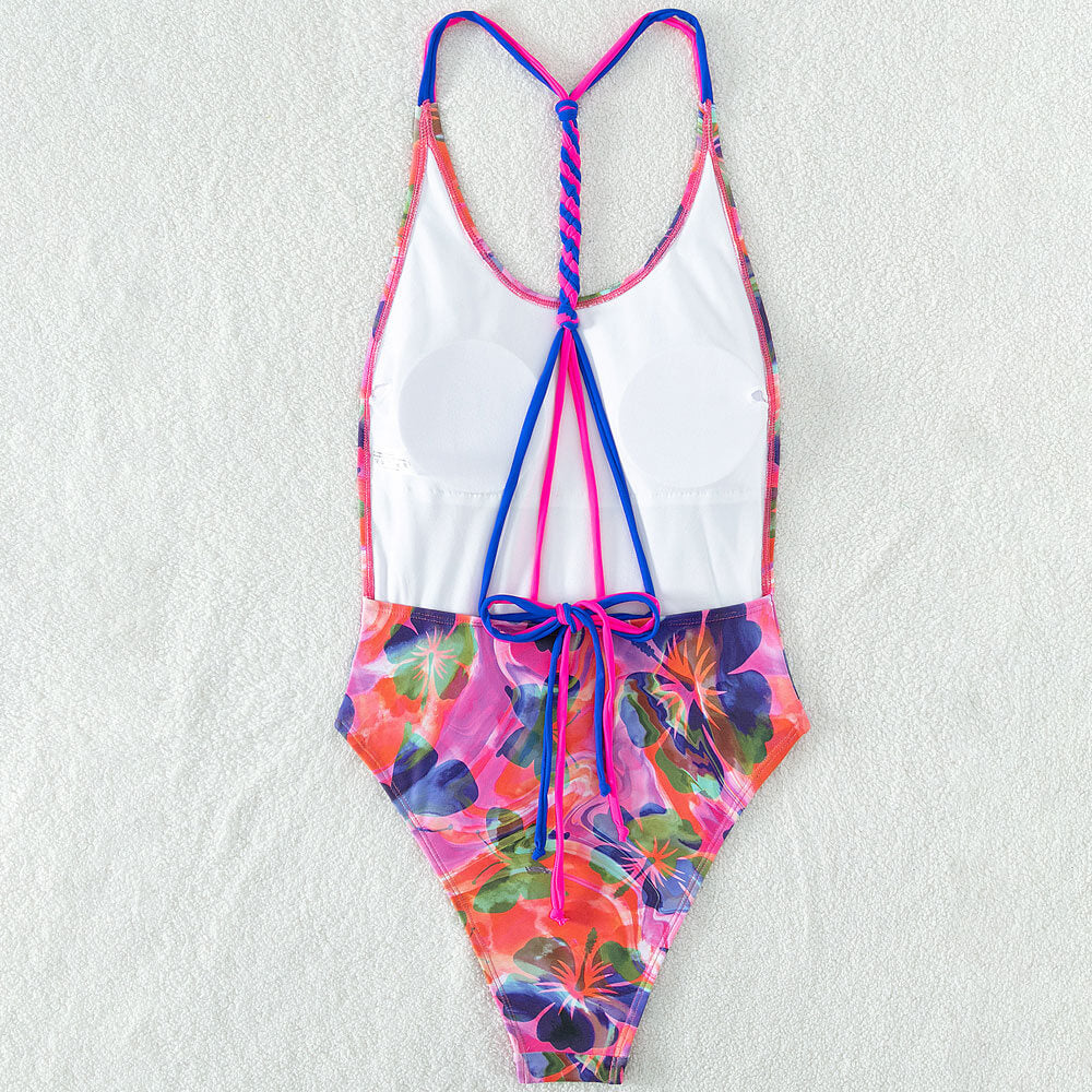 Premium Retro Floral Brazilian One-Piece Swimsuit with Low Back Fringe