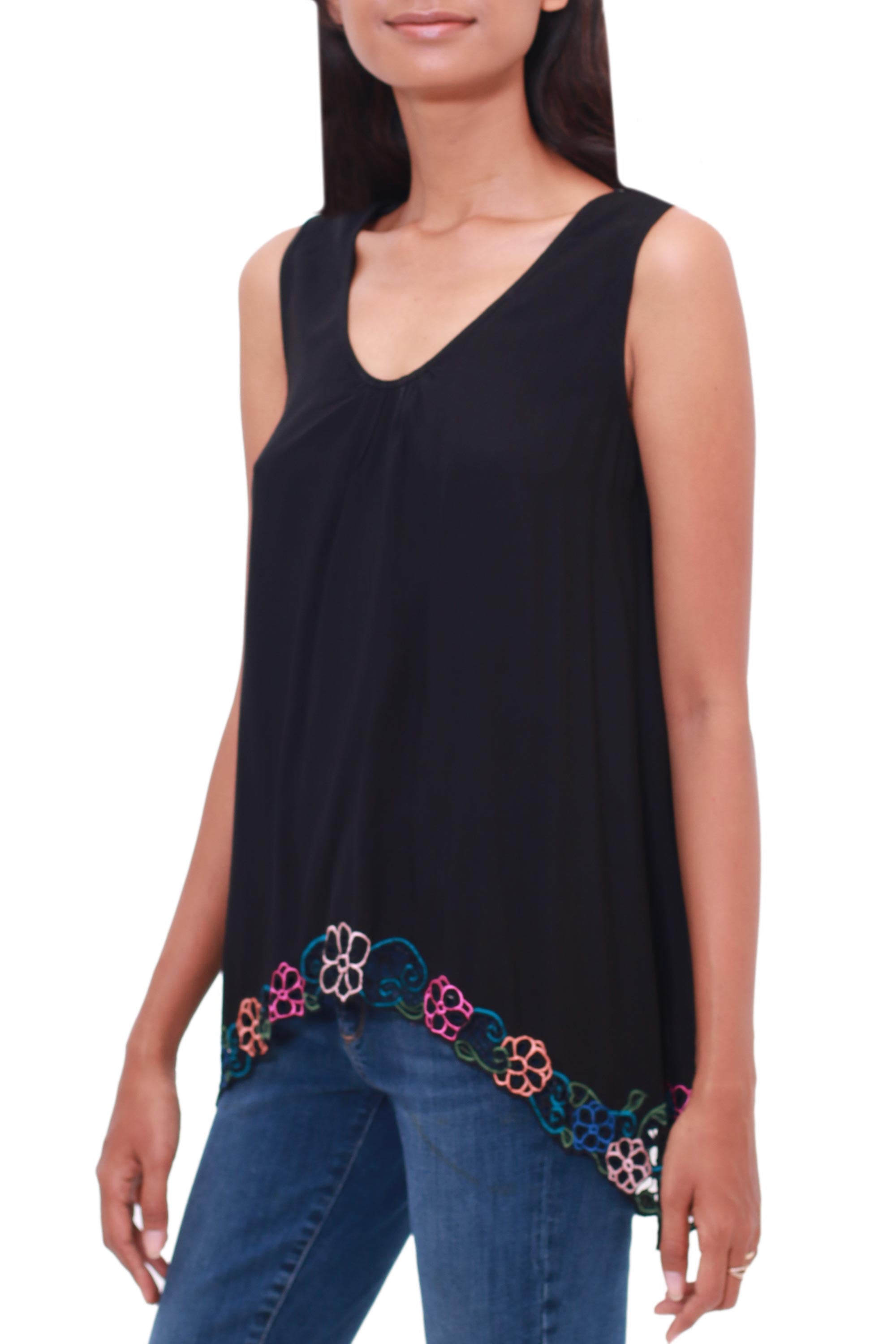 Premium Black Floral Embroidered Rayon Blouse - Handcrafted in Bali