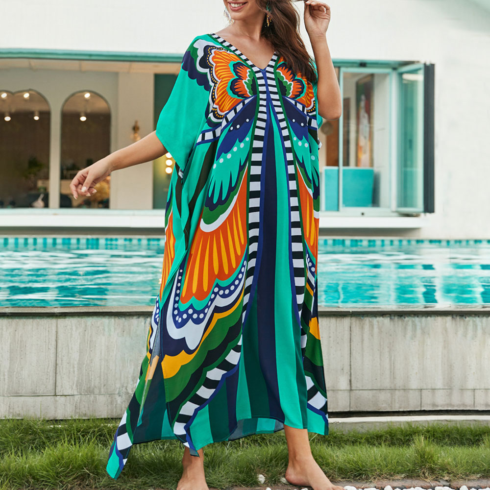 Premium Boho V-Neck Maxi Dress - Vibrant Brazilian Caftan Cover-Up